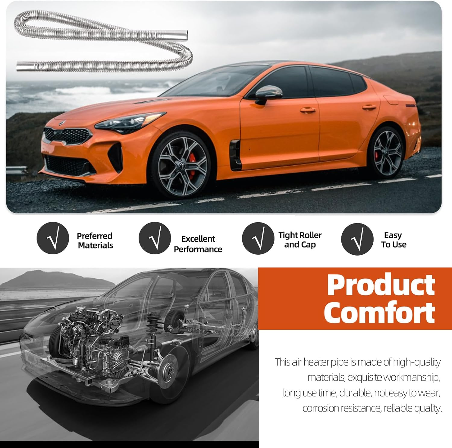 Tanstic 8Pcs Stainless Steel Diesel Heater Exhaust Pipe, Parking Air Heater Exhaust Pipe, Fuel Tank Diesel Gas Vent Hose with Muffler and Clamps (300Cm/118 Inch) image number 2