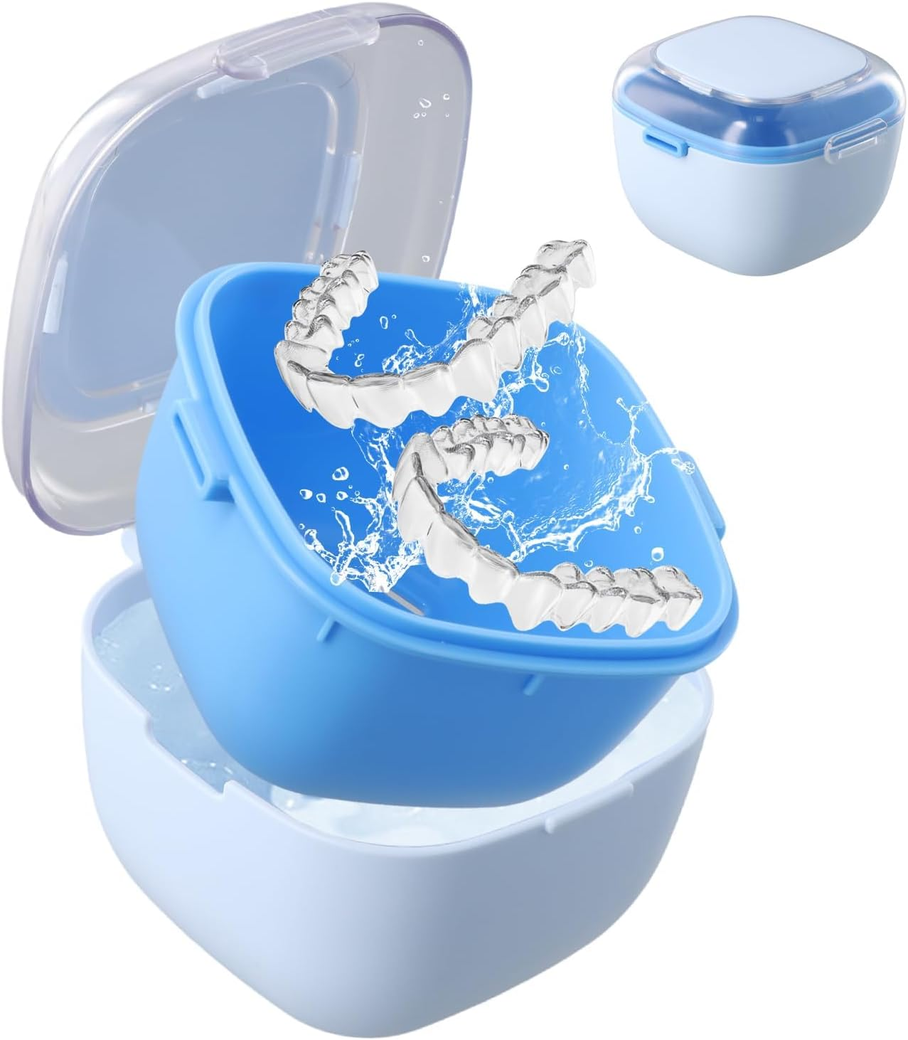 Denture Case, Portable Denture Box for Soaking Cleaning, Retainer Case with Rinsing Basket, False Teeth Storage Container, Retainers, Clear Braces image number 1