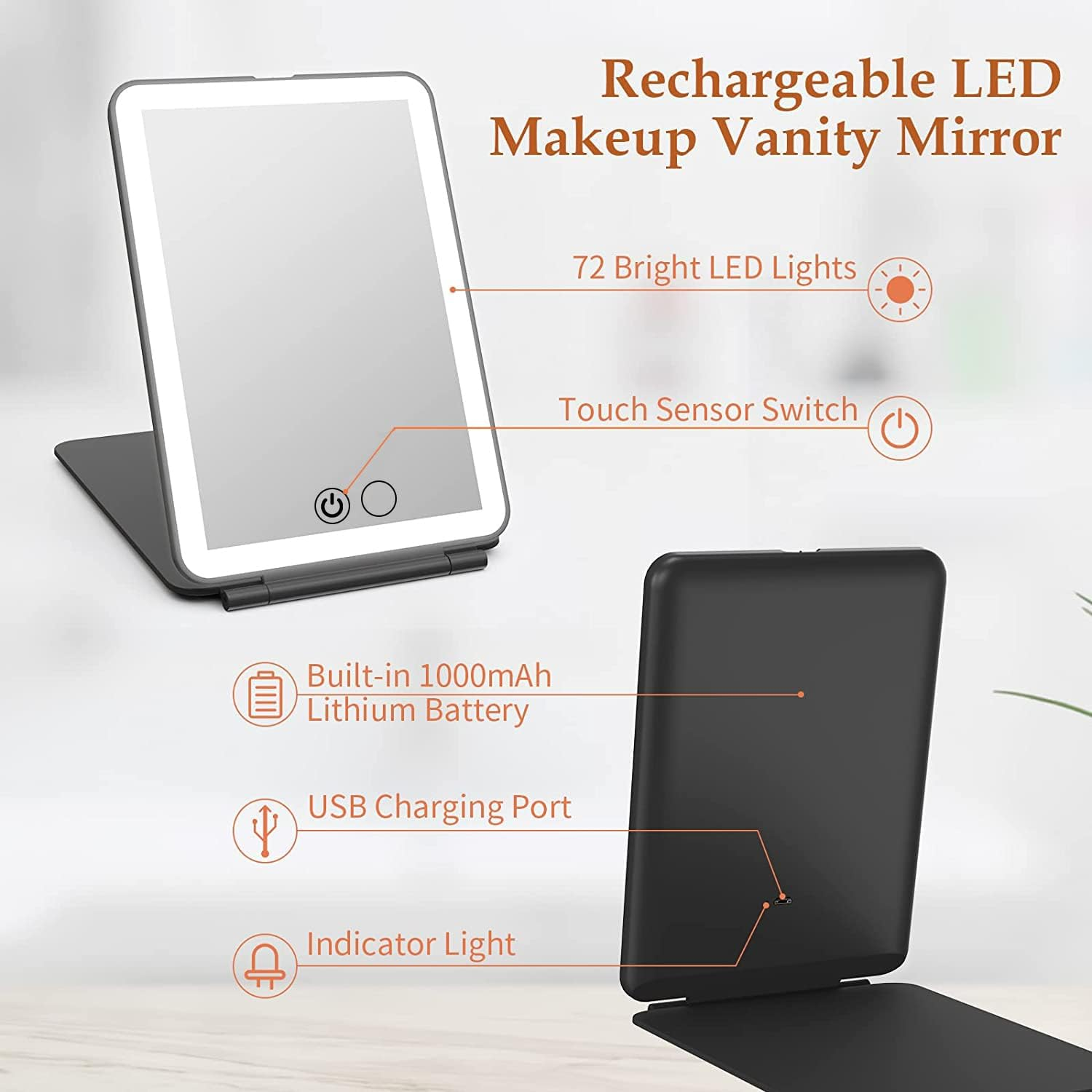 Rechargeable Makeup Vanity Mirror with 72 Led Lights, Lighted Travel Portable Light up Beauty Mirror, 3 Color Lighting, Dimmable Touch Screen, Tabletop Desk Foldable Cosmetic Mirror with Lights(Black) image number 5