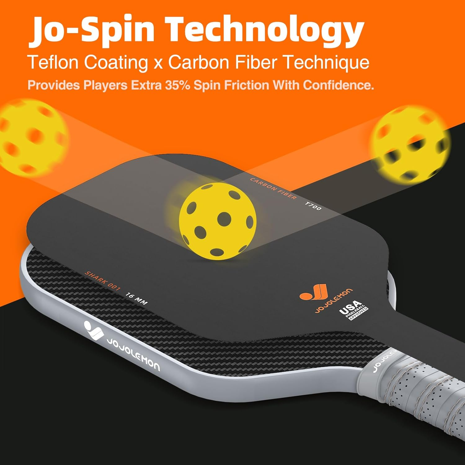 JOJOLEMON Pickleball Paddles, Carbon Fiber Pickleball Paddle with a 16Mm Shark Power Polymer Core, the Pickleball Rackets Designed for Ultimate Spin & Consistency - Gray - Carbon Fiber image number 2