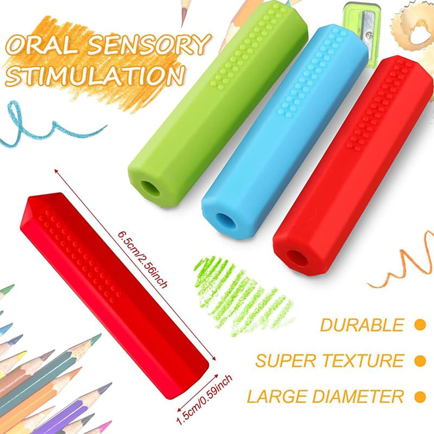 6 Pack Silicone Chewable Rainbow Pencil Toppers for Kids, Sensory Chew Pen Topper Fidget Toy, Chewy Pencil Tubes for Autisms, Oral Motor Special Needs, Anxietys, Gentle on Teeth, Easy to Clean image number 6