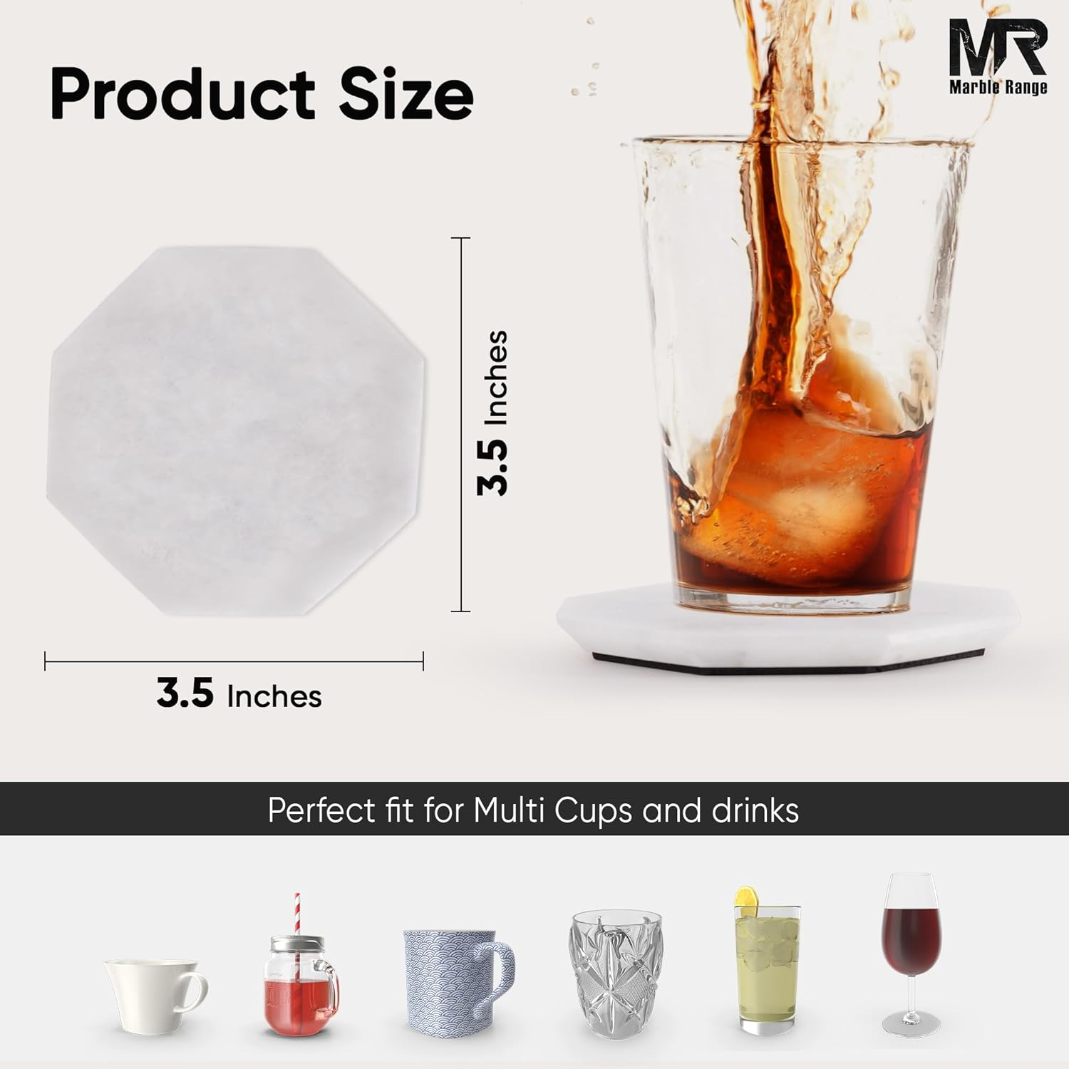 Marble Coasters Set of 6 Handmade 3.5" Inches White Stone Drink Coasters for Coffee Table, Kitchen & Living Room Decor | Elegant Coaster Set for Hot & Cold Drinks - White image number 4