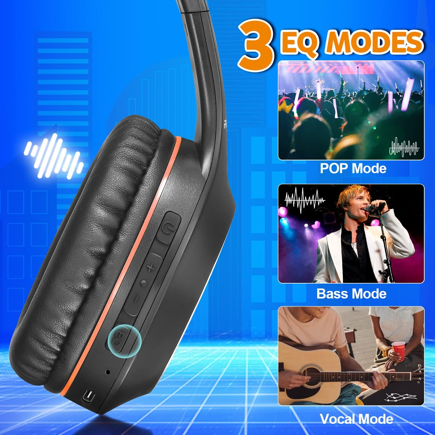 Rydohi Bluetooth Headphones over Ear, 68H Playtime and 3 EQ Music Modes Wireless Headphones with Microphone/Deep Bass, Hifi Stereo Foldable Lightweight Headset for PC Home Travel Office (BLACK-ORANGE) - Black image number 3