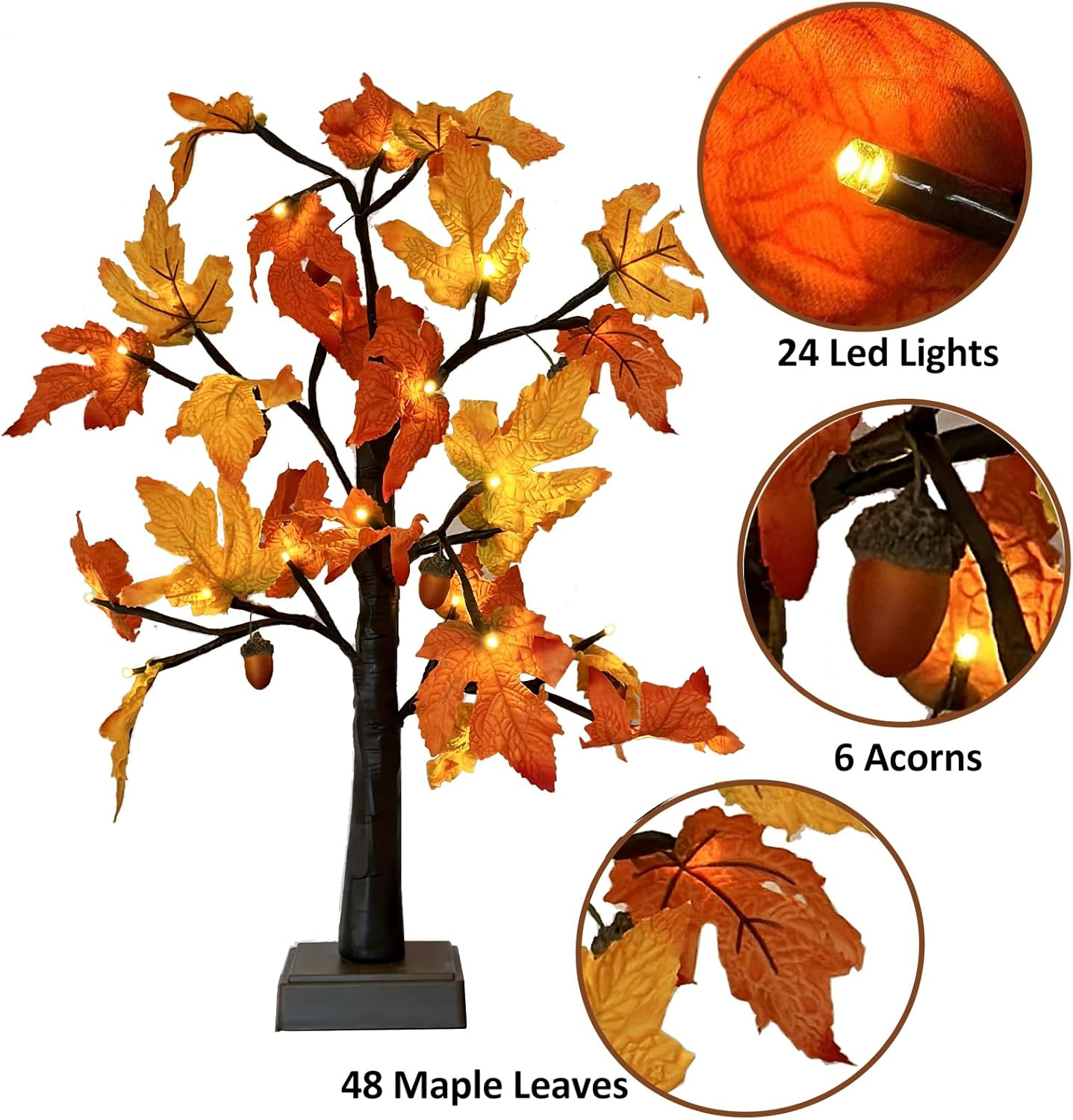 Fall Lighted Maple Tree with Acorns Halloween Chirstmas Decoration Thanksgiving Table Centerpiece Decoration| 48 Leaves and 24 LED Lights | Autumn Harvest Indoor Decor