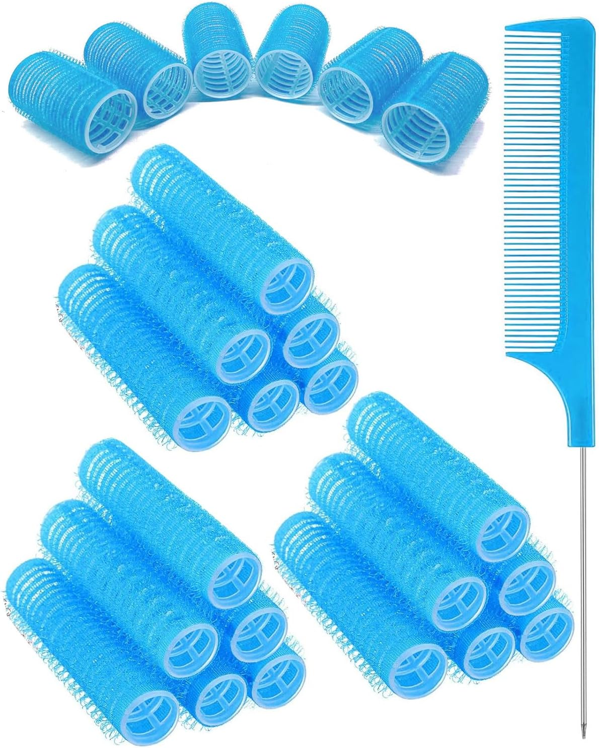 TPZORJX 37 Pieces Manual Hair Rollers Self Adhesive Hair Rollers for Salon Barber Shop Rat Tail Combs DIY Curlers with Steel Pin Combs (Blue) image number 4