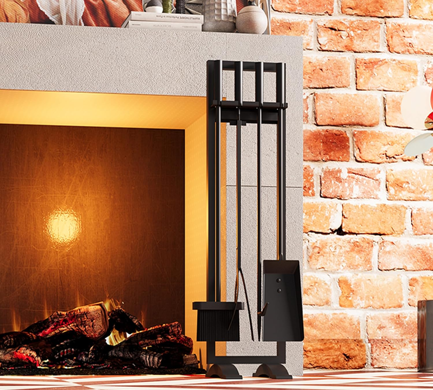 Fire Beauty Fireplace Tools Set 5 Pieces Fireside Accessories Fire Kit Stand Woodstove Tools Holder Wrought Iron Handle Indoor Fireset Stand image number 2