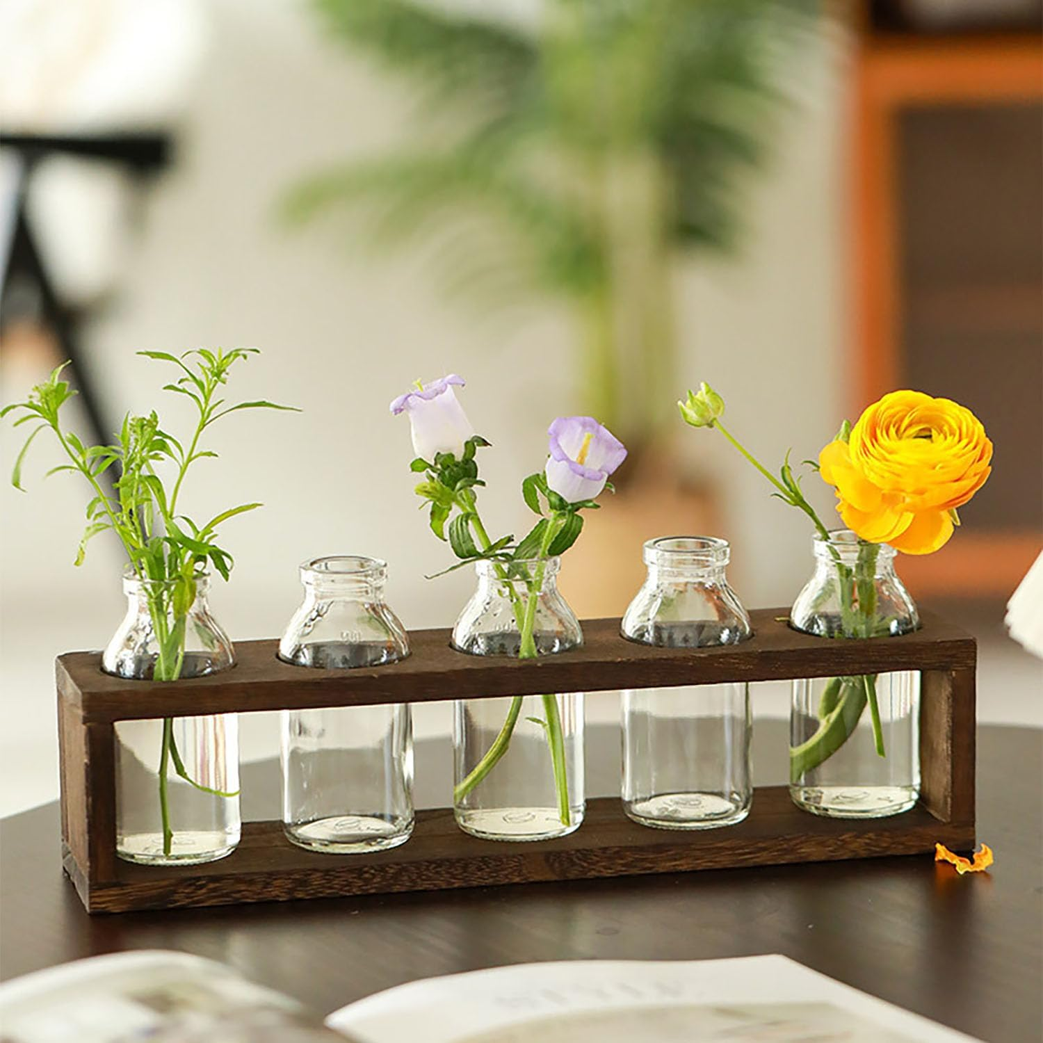 ATDORO Plant Propagation Station, Desktop Glass Planter with 5 Vase, Wooden Frame Hydroponic Glass Vase, Plant Terrarium with Wooden Stand, for Indoor Live Hydroponics Plants Office Home Garden Decor image number 1