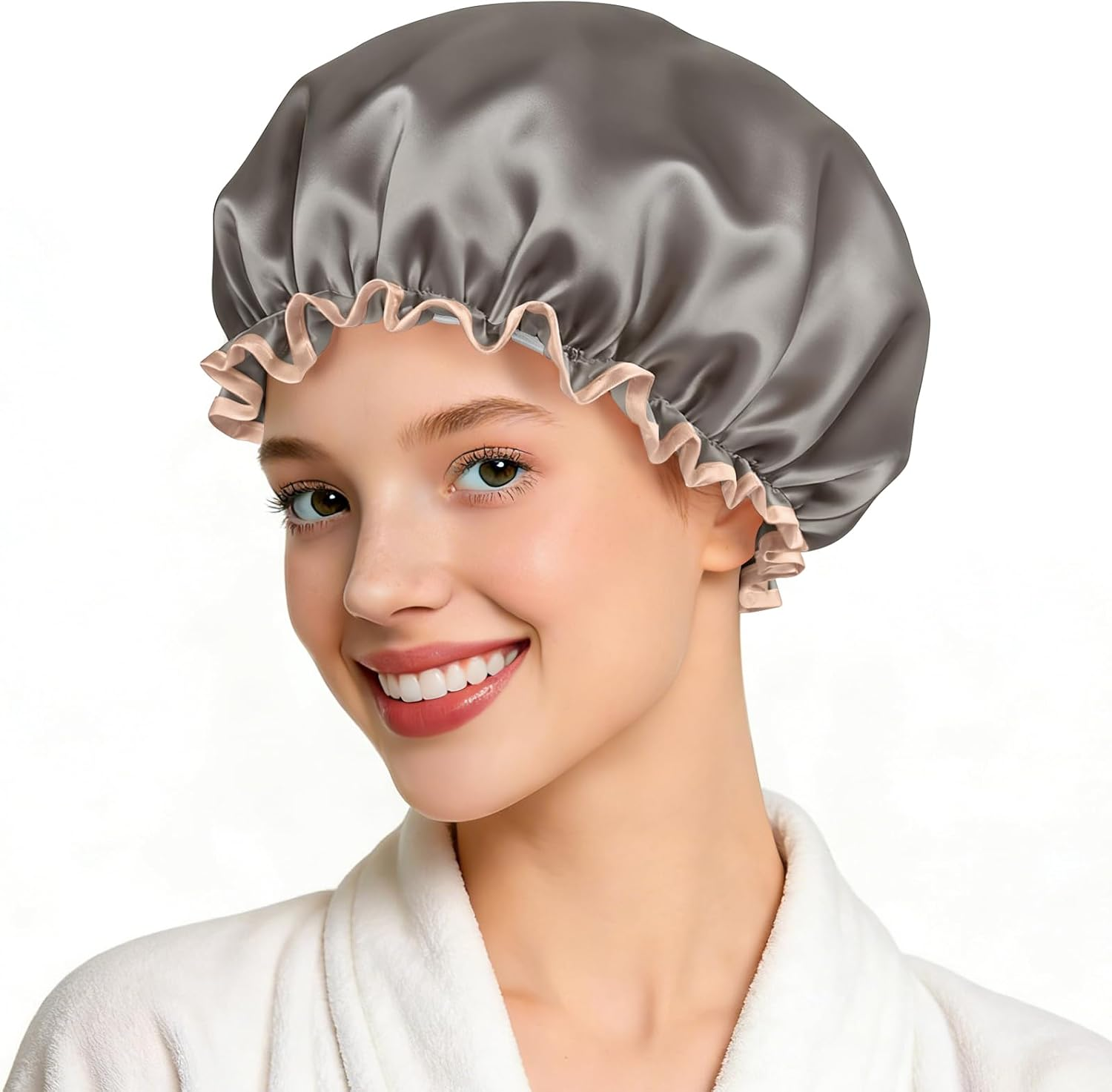 Double Layer Waterproof Shower Cap with Elastic Band, Reusable Bath Cap for Women -Large Waterproof Plastic Shower Hat for Long, Short and Curly Hairs Spa Salon (Champagne) image number 6