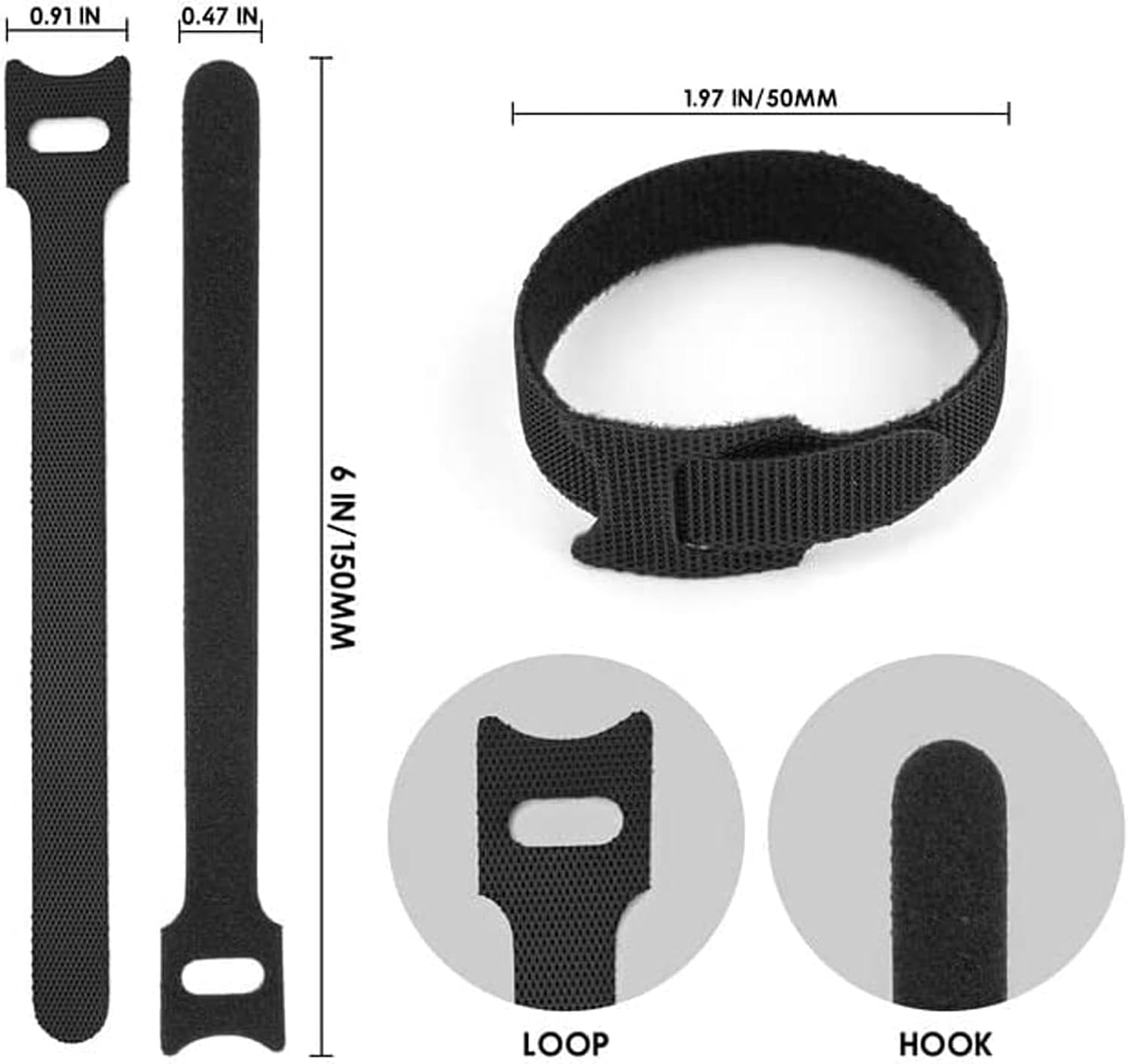 100 Pcs Reusable Cable Ties, T-Type Adjustable Hook & Loop Fastener Straps, Cable Management Straps for Electrical Cable & Wire Organizer (Black, 150Mm X 12Mm) image number 6