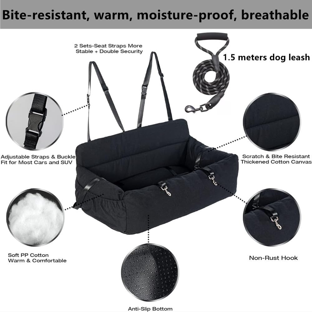 MIDAGAS Dog Car Seat, Detachable and Washable Pet Car Seat, Portable Dog Booster Seat, Dog Car Travel Carrier Bed with Storage Pockets and Clip-On Leash, Perfect for Medium and Large Dogs - Black image number 2