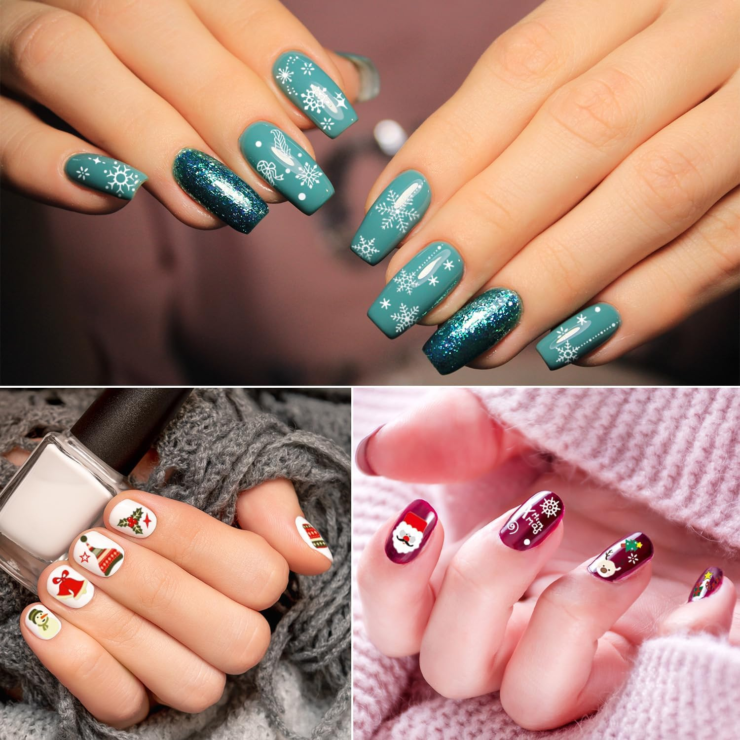 Whaline 20 Sheets Christmas Nail Art Stickers, 3D Self-Adhesive Stickers Santa Claus Reindeer X-Mas Tree Bells Snowflakes Decals for Women Girls Kids Manicure DIY or Nail Salon (More than 1000Pcs) image number 3