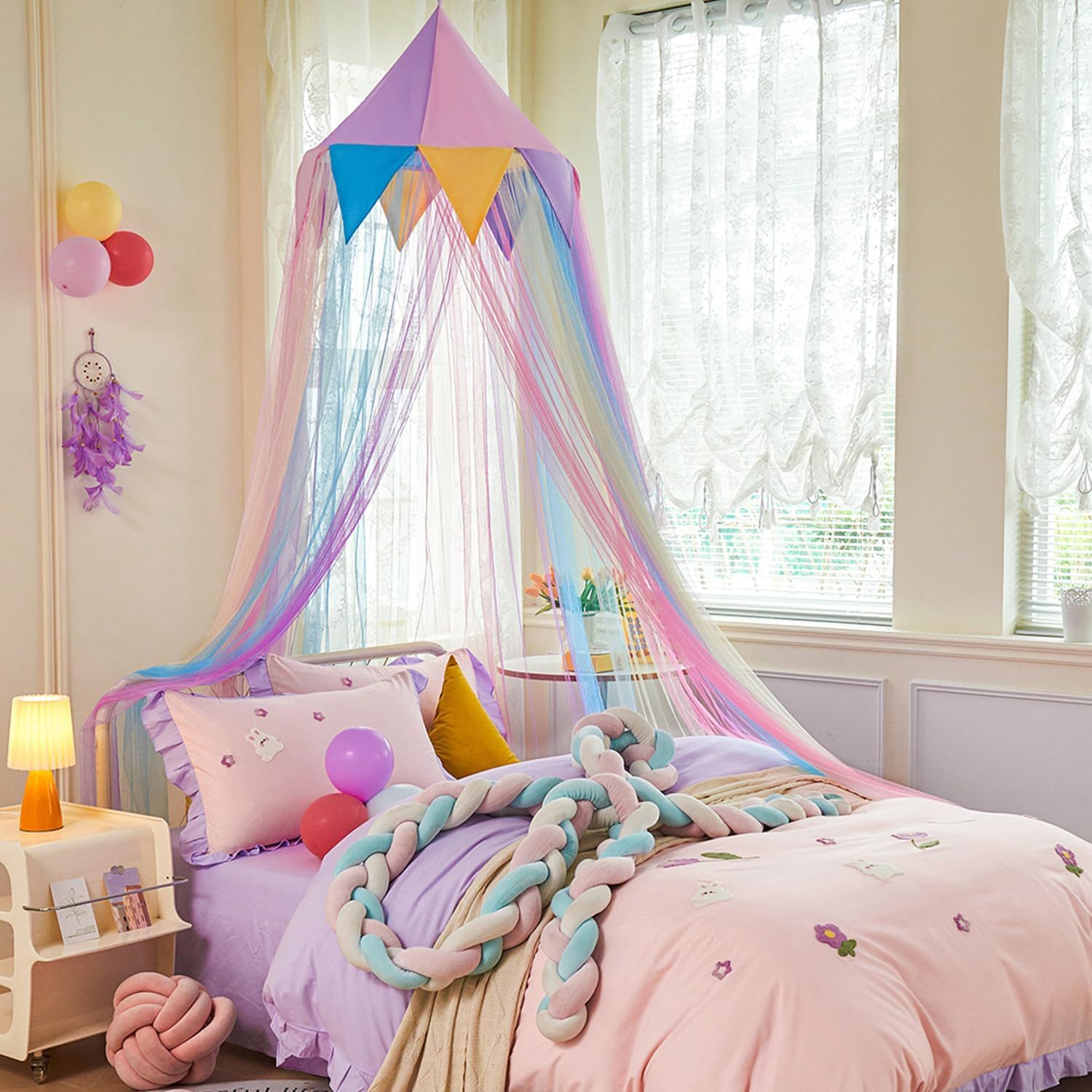 Rainbow Bed Canopy for Girls, Ruffles Mosquito Net with Dust-Proof round Dome Kids Dreamy Princess Bed Canopy Netting Room Crib Bed Curtains Camp Decor Accessories Child Reading Corners Ceiling Tent
