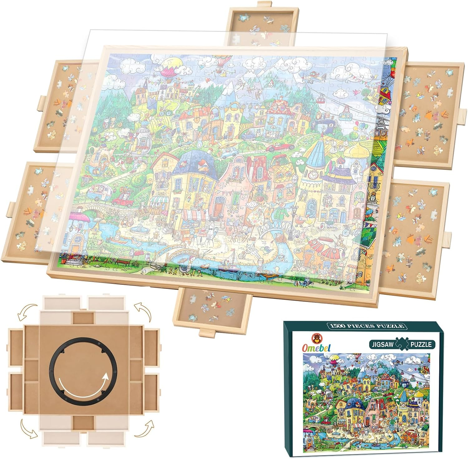 Omebel 1500 Piece Rotating Puzzle Board with Drawers and Cover,Portable Jigsaw Puzzle Boards,Wooden Jigsaw Puzzle Table for Adults Portable,Lazy Susan Spinning Puzzle Boards (90.7Cm*60.7Cm) image number 1