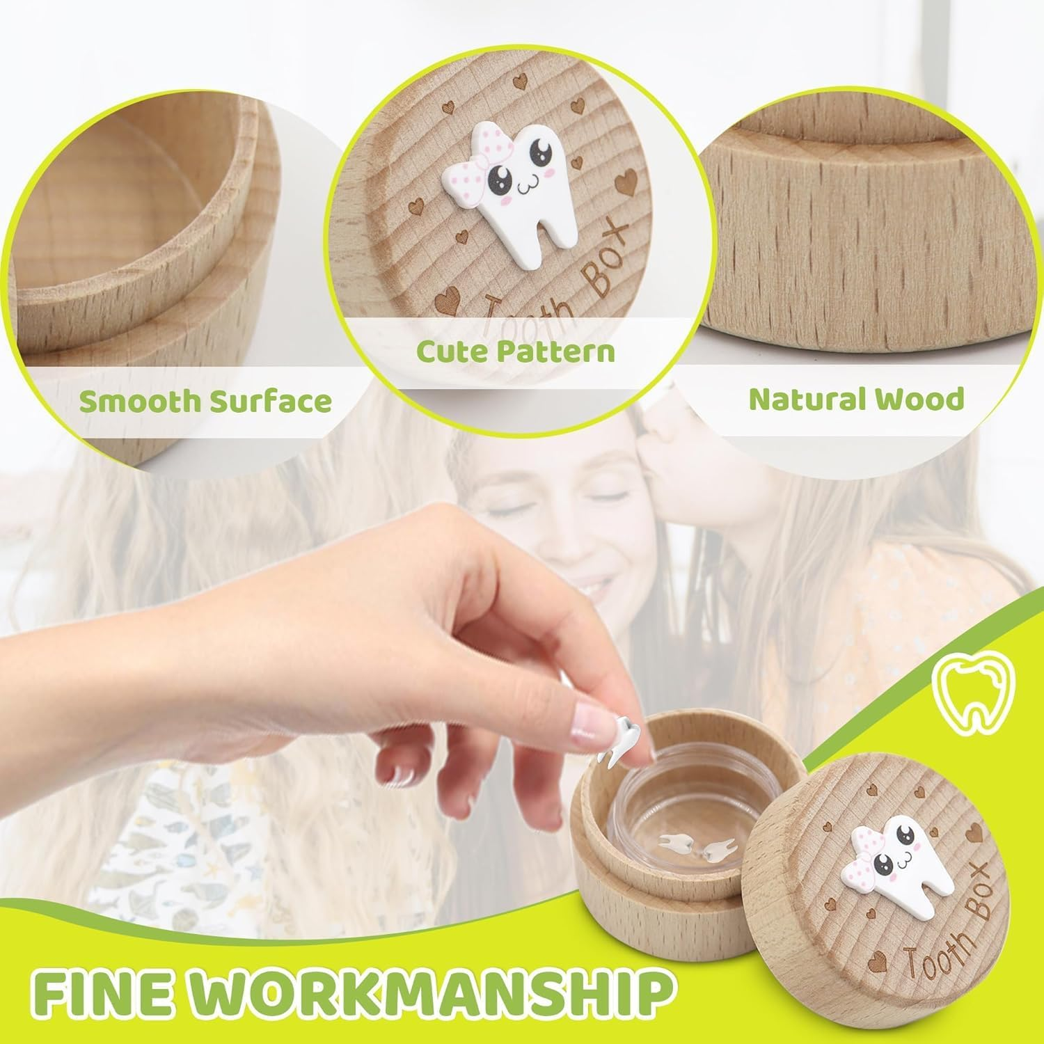 Wooden Tooth Fairy Box, Cute Tooth Fairy Tooth Holder, Tooth Fairy Kit with Tooth Fairy Coin and Transparent Storage Box, 3D Carved First Tooth Keepsake Box for Lost Teeth image number 4