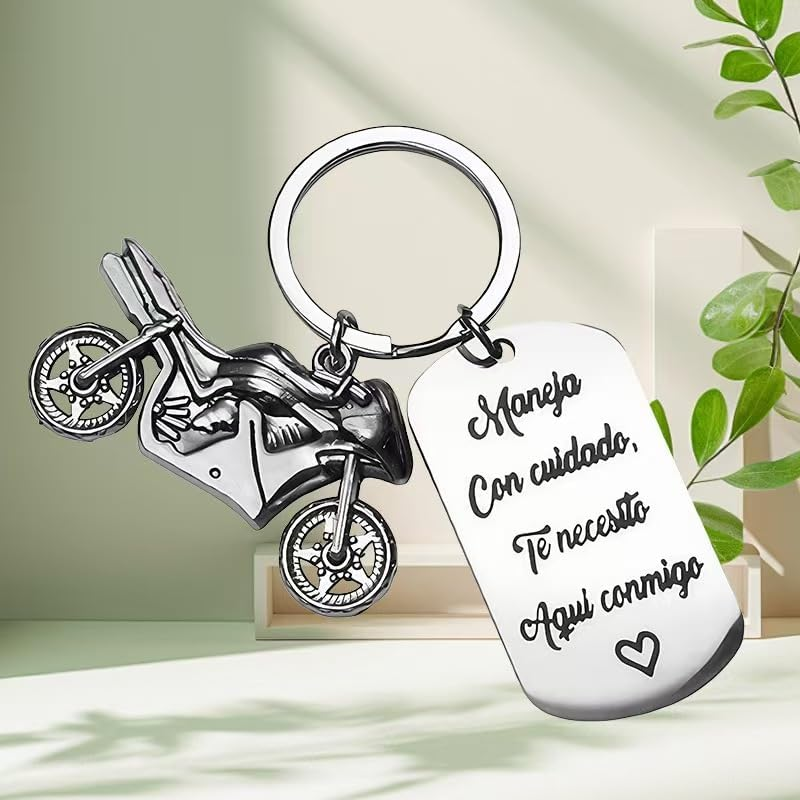 Spanish Motorcycle Keychain with Love Message Tag, Metal Charm with Inspirational Quote, Silver image number 6