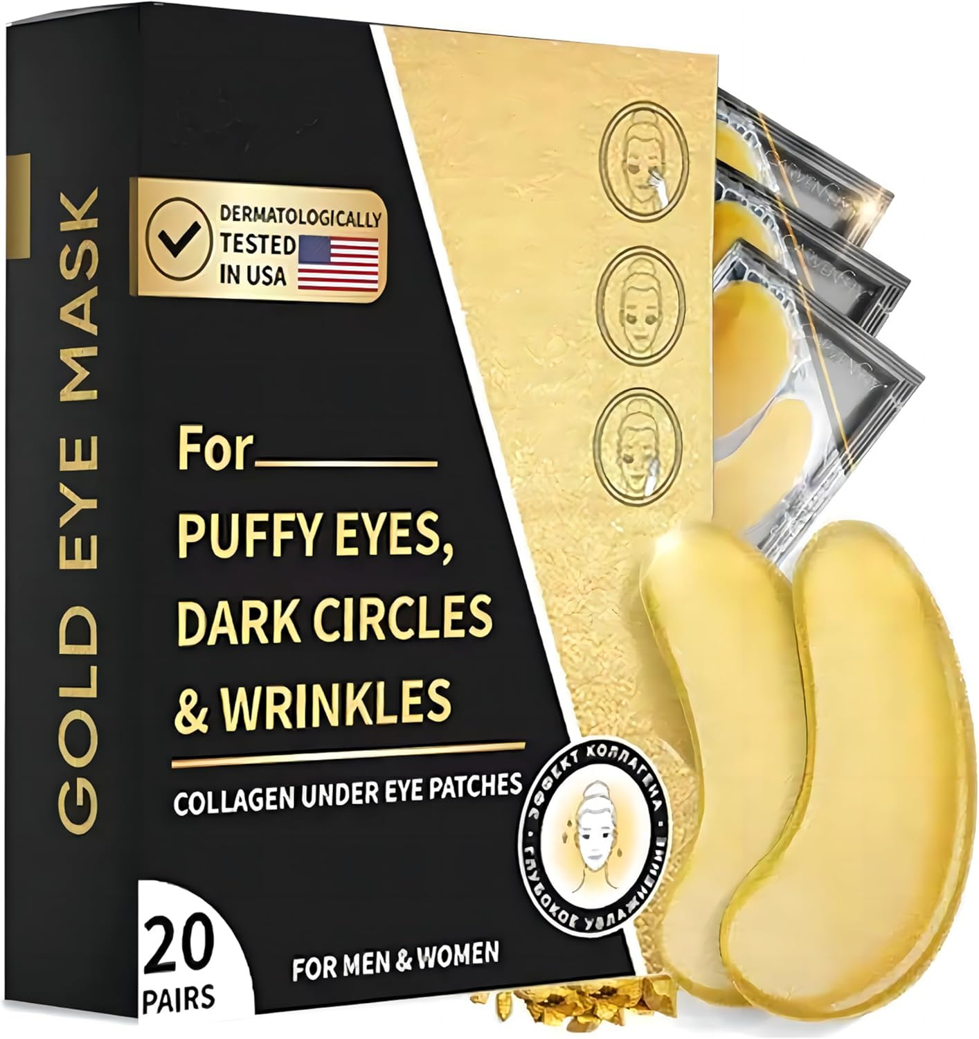 24K Gold Eye Mask, 20 Pairs Eye Patches, Collagen under Eye Mask, Wrinkle Patches for Dark Circle Puffiness, Refresh, Revitalizing, Travel, Self Care Gifts for Women