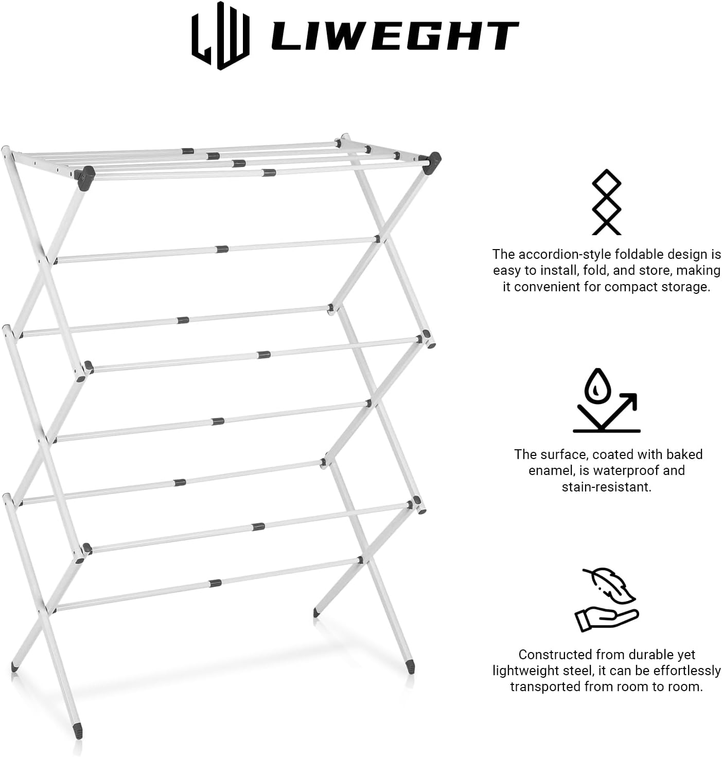 LIWEGHT 3-Tiers Clothes Drying Rack, Foldable Laundry Rack, Retractable for Easy Storage, Folding Indoor and Outdoor Rack, Space-Saving, Adjustable Towel Rack, Expandable Collapsing Rack, White image number 3