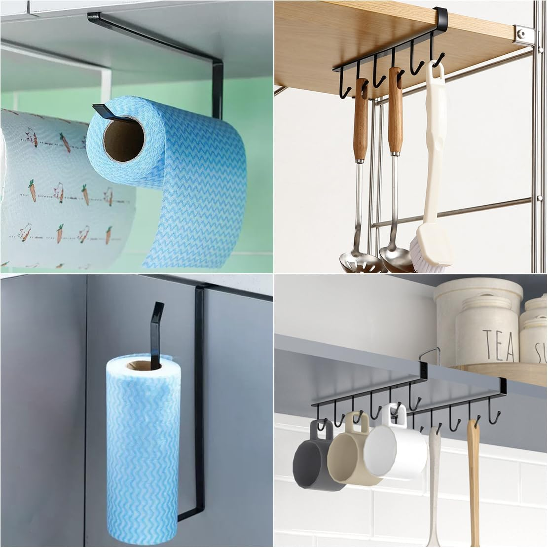 2 Pack under Shelf Organizers, Kitchen Roll Paper Towel Holder Mug Storage Hooks, Home Organization Accessories for Hanging Rolls, Towels, Coffee Cups, Cooking Utensils, Metal (Black) image number 2