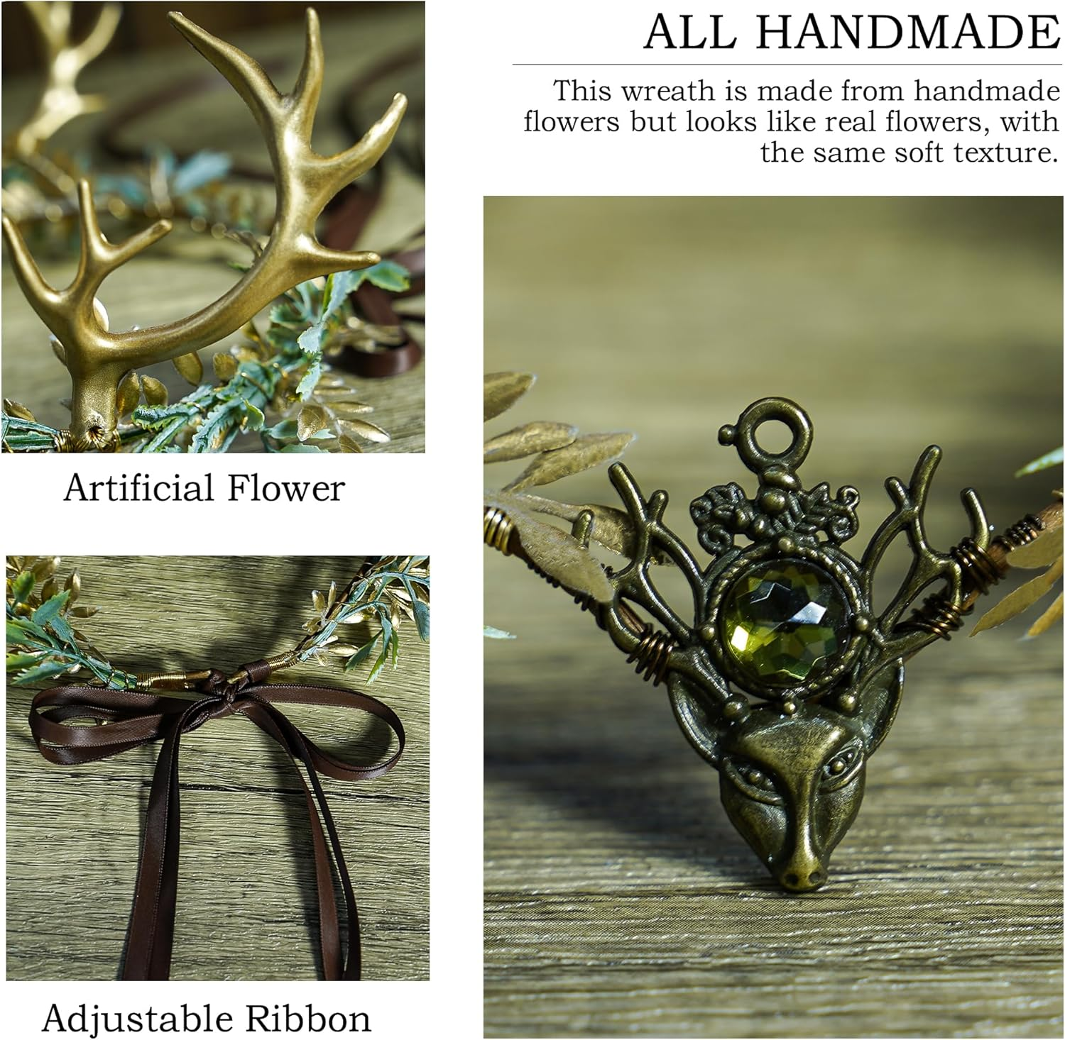 MOSTORY Handmade Golden Forest Antler Crown - Forest Flower Headband Elf Headpiece Fairy Flower Circlet for Women Girls Renaissance Fair Christmas Wedding Cosplay Photo Shoot image number 3