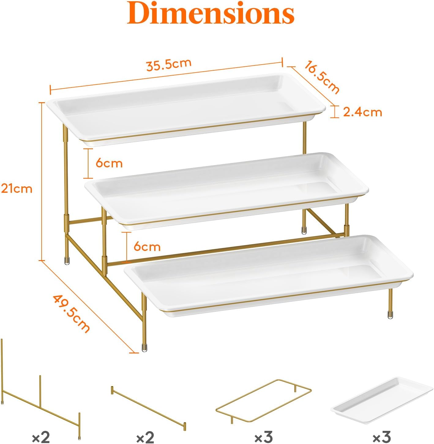 Lifewit 3 Tiered Plastic Serving Tray for Party Entertaining, 36&times;17Cm Serving Food Display Platters, Reusable Trays with Collapsible Stable Metal Stand for Veggie, Fruit, Cookies, Dessert, Gold - Black image number 6