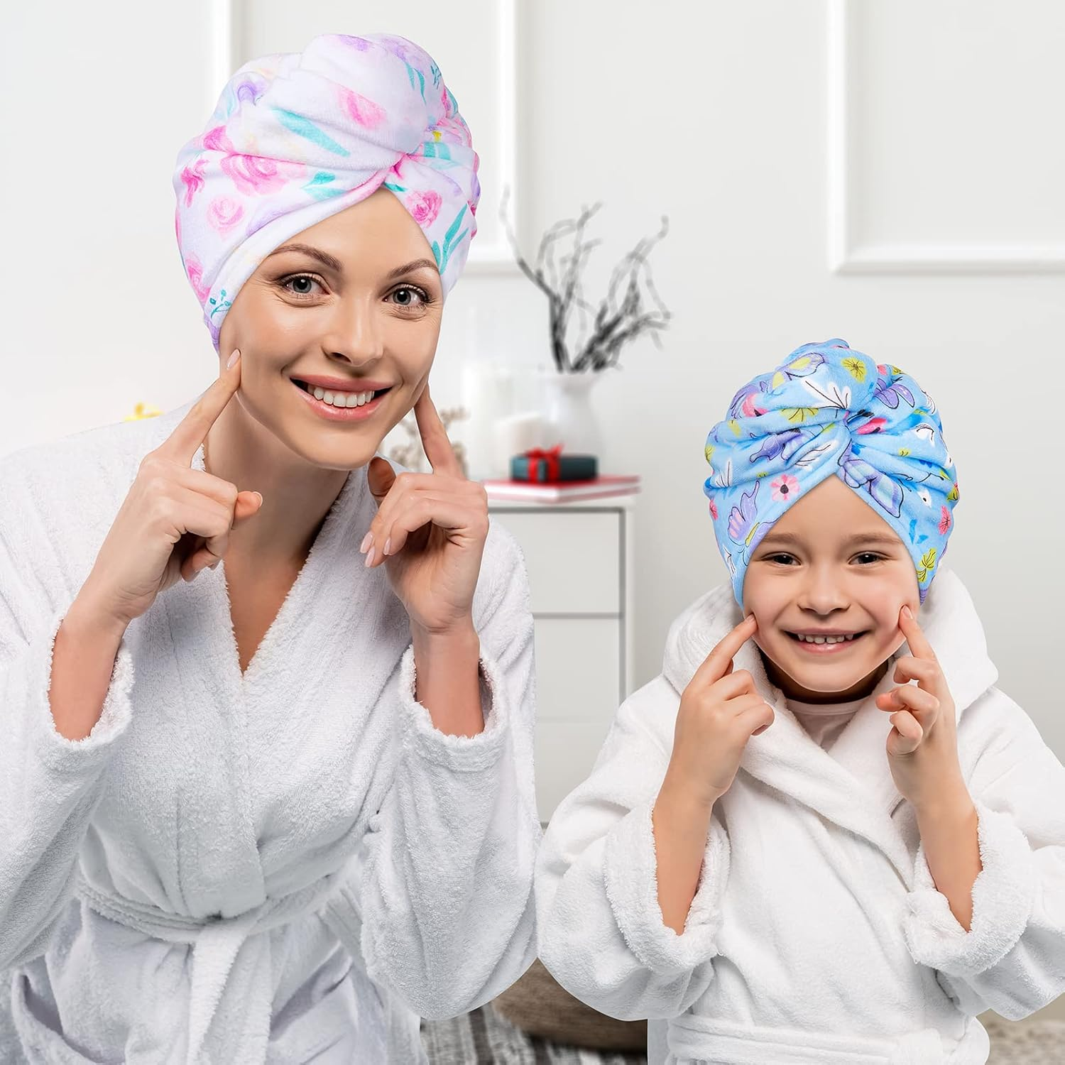 Basumee Microfiber Hair Towel Wrap for Kids 2 Pack Rapid Drying Hair Towel with Button Hair Turbans for Wet Hair Wraps Head Towel Wrap for Women and Girls, Flower - Dark Unicorn image number 6