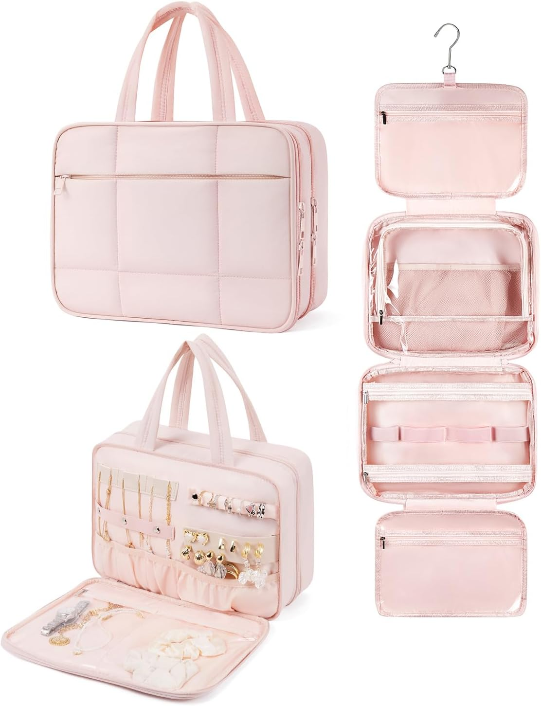 DDPOND Travel Toiletry Bag with Jewelry Organizer for Women, Puffy Hanging Makeup Bag Lightweight Cosmetic Bag Organizer for Travel Essentials