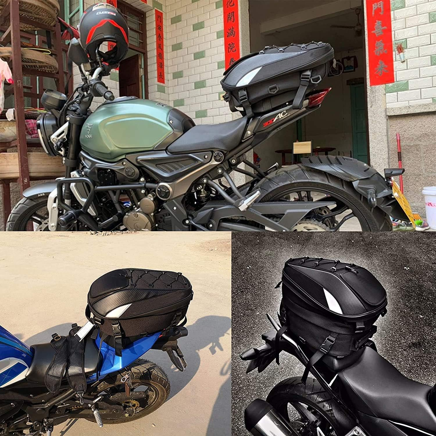 Dual Use Motorcycle Helmet Bag - Waterproof Seat Bag for Motorbike Full Face Helmet - Includes One Extra Cargo Net