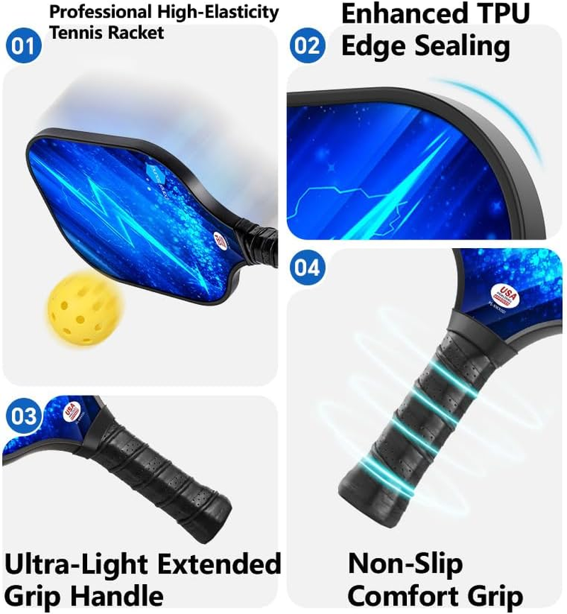 Pickleball Paddles Set, Lightweight Pickleball Rackets, Honeycomb Core Carbon Fiber Surface, Comfort Grip, 2 Pack Lightweight Racquets with 4 Pickle Balls 1 Bag image number 1