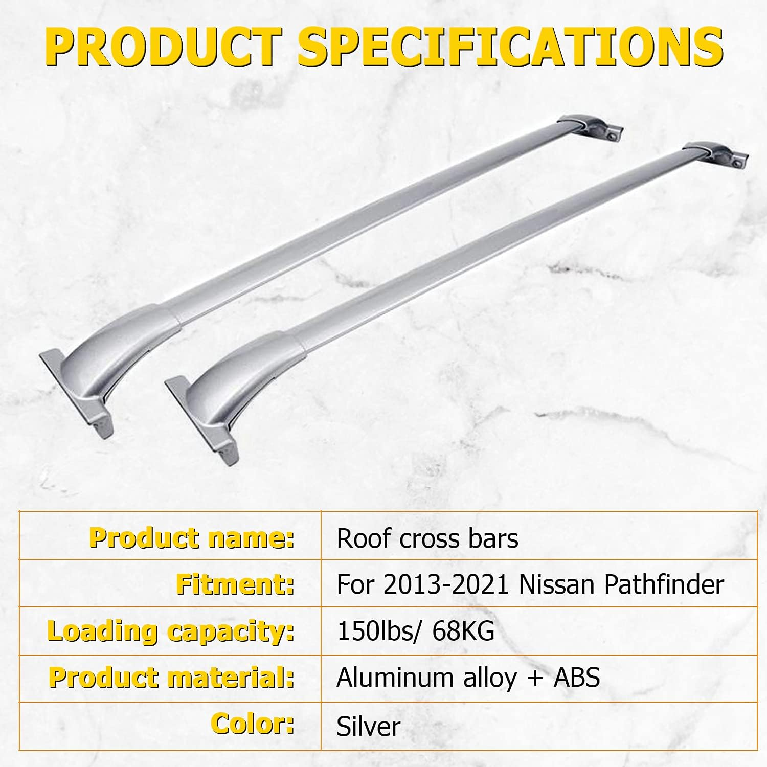 AUXMART Roof Rack Cross Bars 150LBS Silver Rooftop Luggage Racks, for Nissan Pathfinder 2013-2021 & Pathfinder Hybrid 2014 Camping Snowboard Canoe Gear Fishing Pole Bike, Aluminum Cargo Carrier Bars image number 3