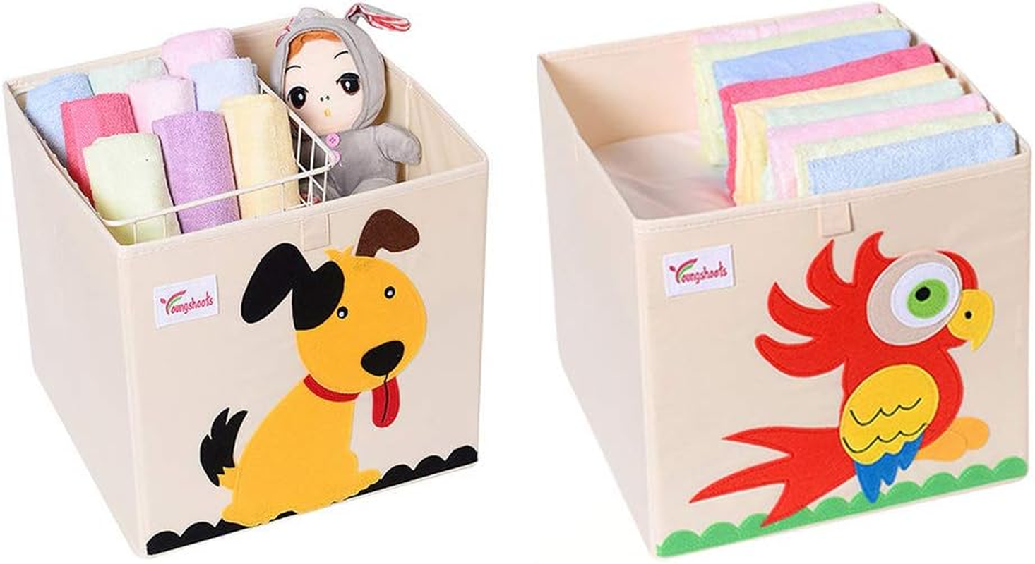2 Pcs Foldable Animal Toy Storage Box/Bin/Cube, Collapsible Storage Organizer Basket Chest Container for Kids, Toddlers, Boys and Girls(13 X 13 X 13 Inch） (Dog & Parrot)