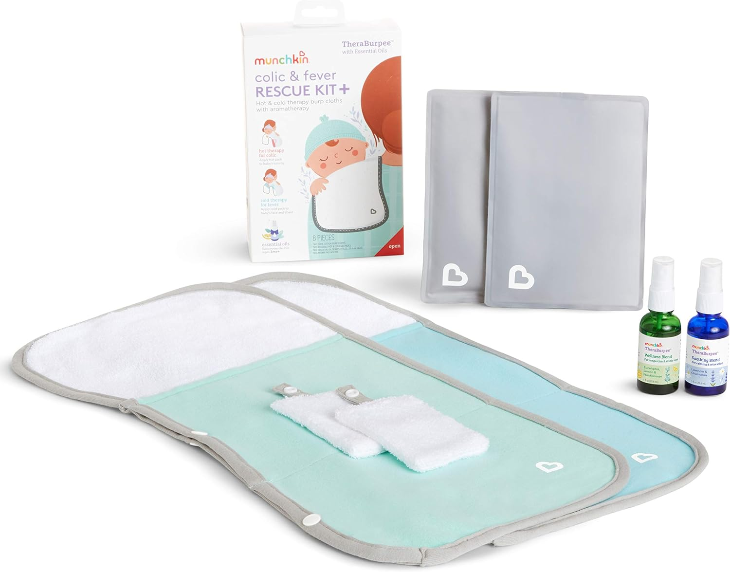 Munchkin Theraburpee with Essential Oils: Colic & Fever Rescue Kit + with Hot & Cold Therapy Burp Cloths & Aromatherapy image number 1