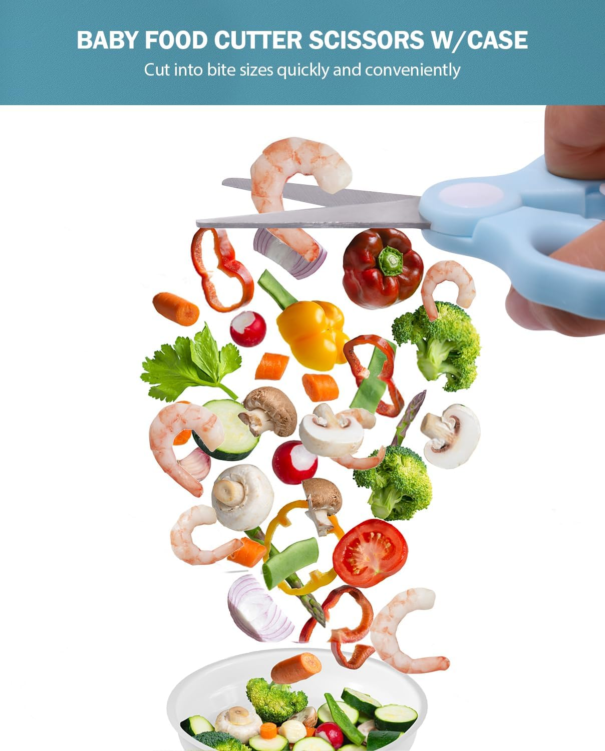 Baby Food Scissors Kicthen Shears,2Pack Portable Healthy Cute Kids Scissors Stainless Steel Scissors with Safety Lock and Storage Case - Ideal for Cutting Meat, Chicken, Vegetables, and Fruits - Multicolored image number 3