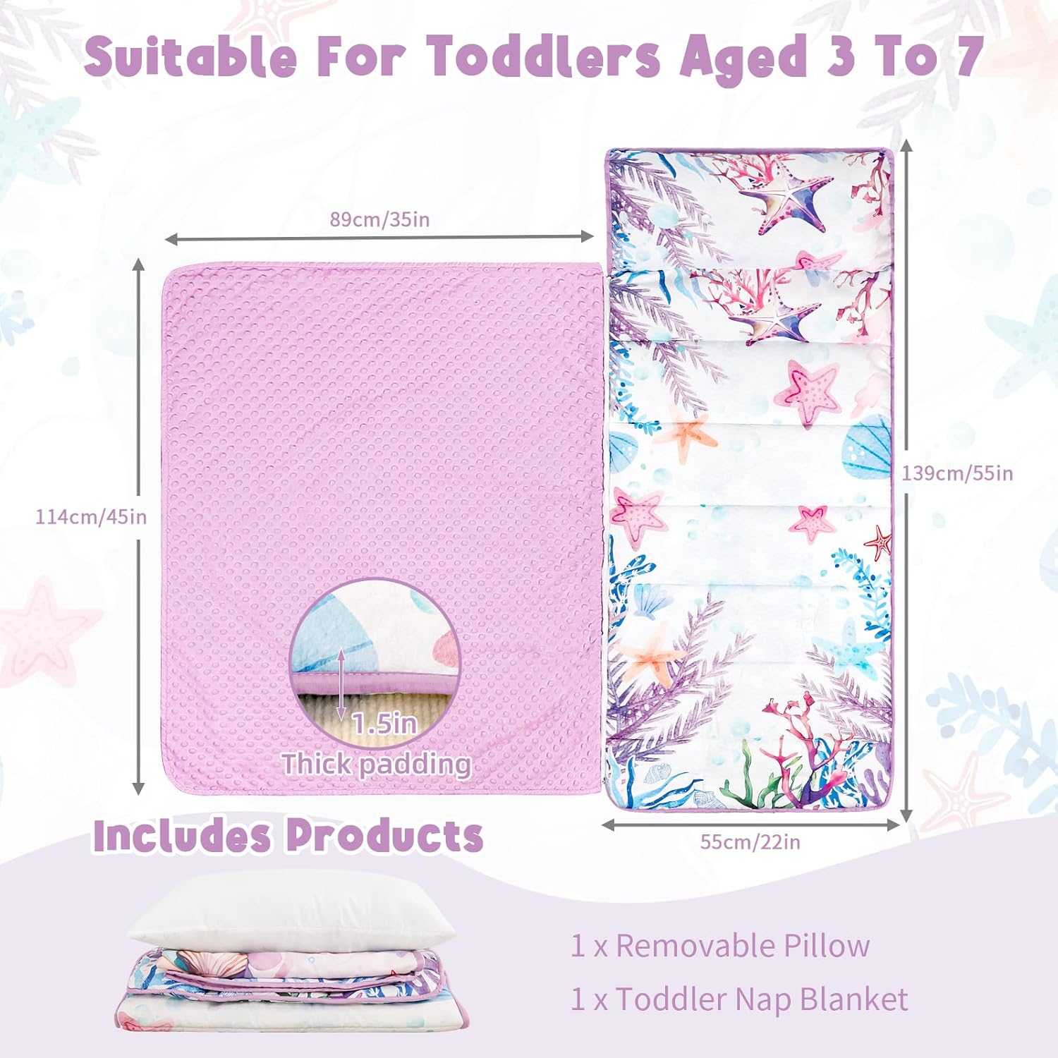 Toddler Nap Mat with Removable Pillow & Soft Minky Blanket, HNHUAMING Extra Large Rolled Napping Mats for Girls Boys, Kids Slumber Bags for Daycare, Preschool Travel Camping image number 3