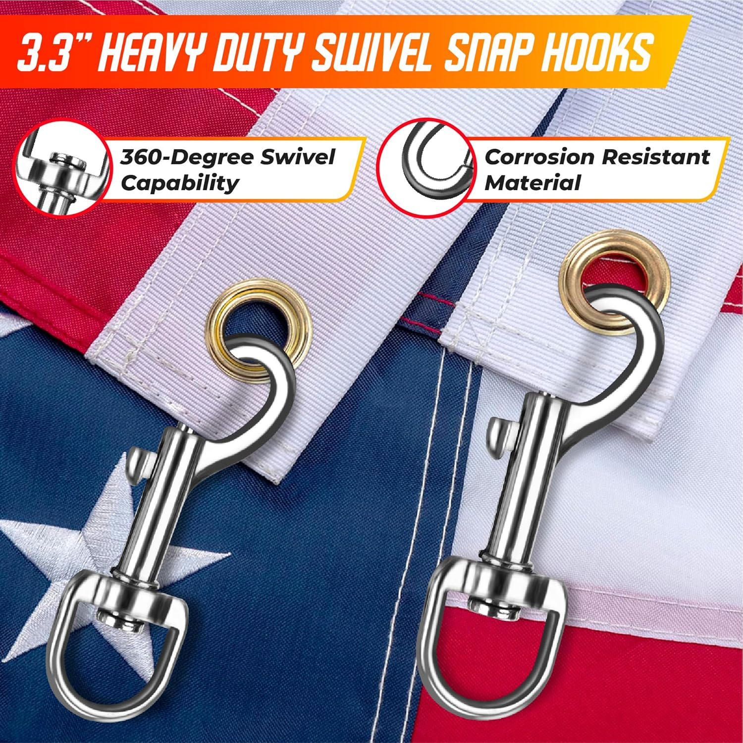 [Upgraded] 5/16&rdquo; 100Ft Flagpole Rope Kit with 4 Pcs 3.3&rdquo; Swivel Snap Hook - High Weight Bearing Anti-Tearing Utility Rope with Durable Zinc Alloy Swivel Hooks - Flag Pole Accessories Replacement Kit