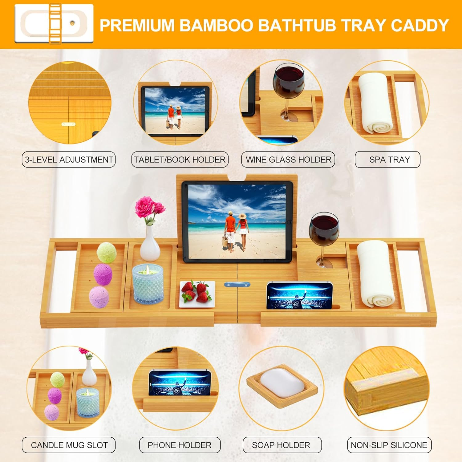 Premium Bathtub Tray Caddy - Bath Tray Bamboo Expandable - Bath Tub Tray Table for Bathtub - Expandable Size, Fits Most Bath Tubs image number 1