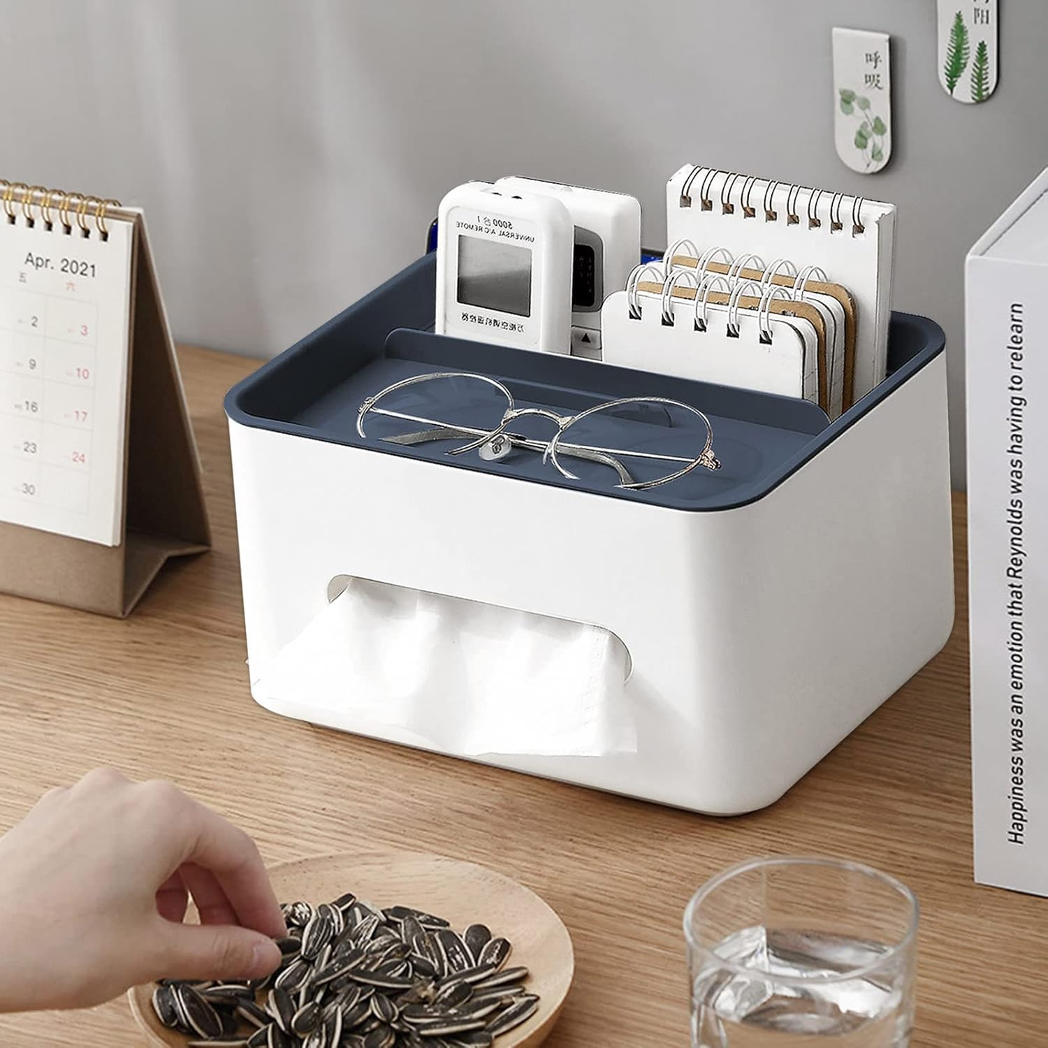 Rectangular Tissue Box Cover Holder with Storage Napkin Tissue Box Holder with Stationery Remote Control Box Decorative Tissue Pen Remote Organizer for Home/Office/Car/Restaurant Blue image number 5