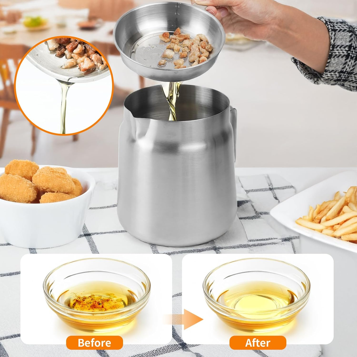 AVOWB.T.Q 304 Stainless Steel Oil Strainer Pot, 2.0L Large Capacity Versatile Oil Filter Vessel,Bacon Grease Saver with Fine Mesh Strainer and Frying Basket Frying Net for Kitchen image number 2
