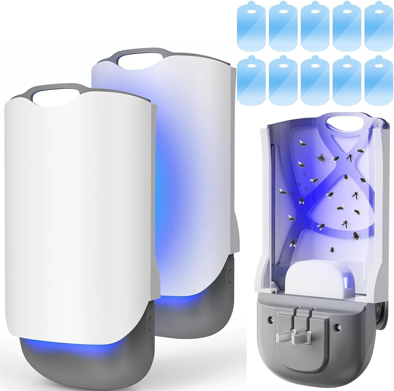 Wakouter 2 Pack Flying Insect Trap, Plug in Fly Trap, Bug Zapper with Night Light UV Attractant Catcher for Flies, Fruit Flies, Gnat & Other Flying Insects,2 Device + 10 Sticky Trap Boards (Grey-2Pcs)