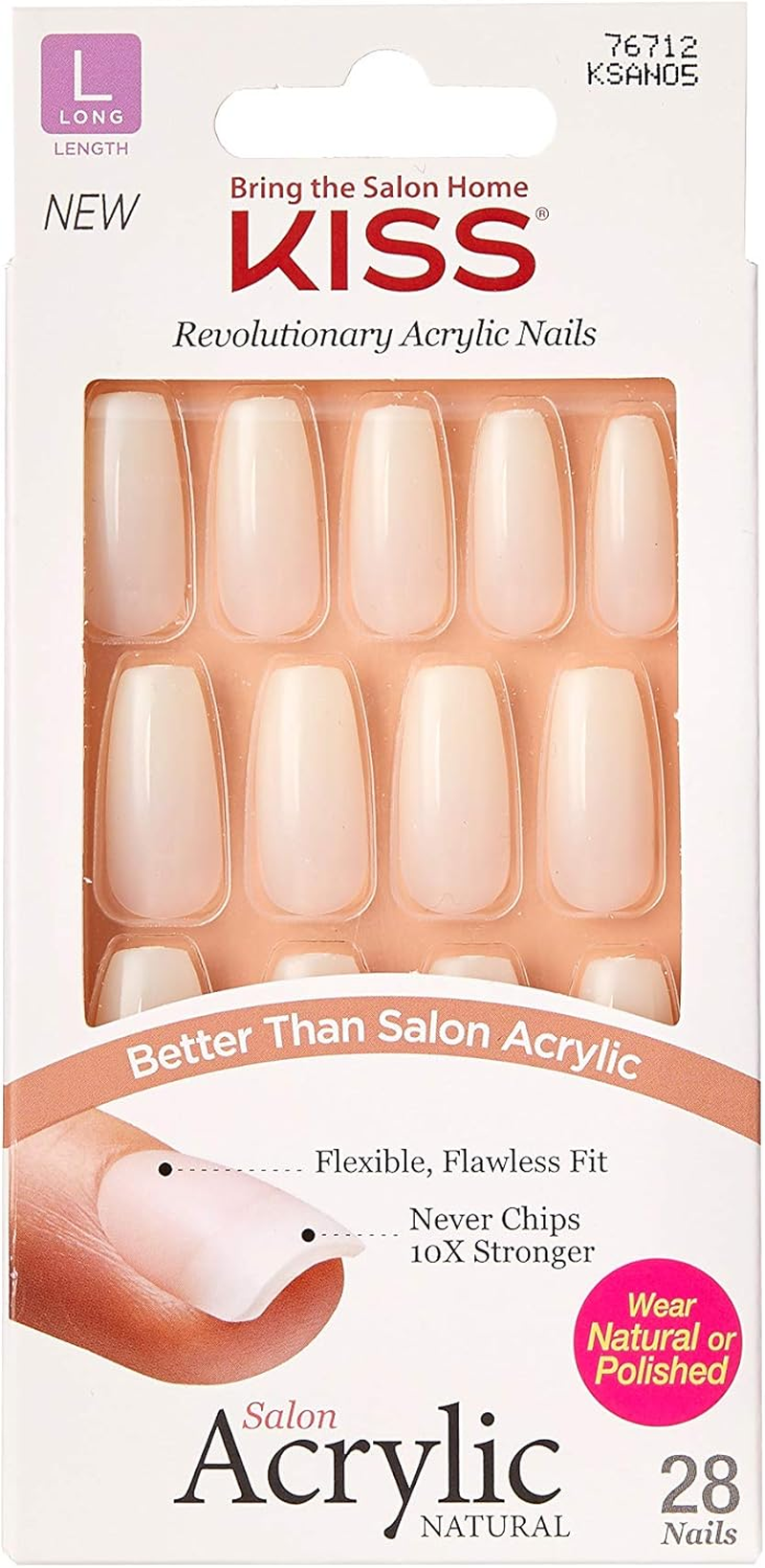 KISS Salon Acrylic Natural Collection, Brief Encounter, Real Short Length Square Fake Nails Includes 28 False Nails, Nail Glue, Nail File, and Manicure Stick