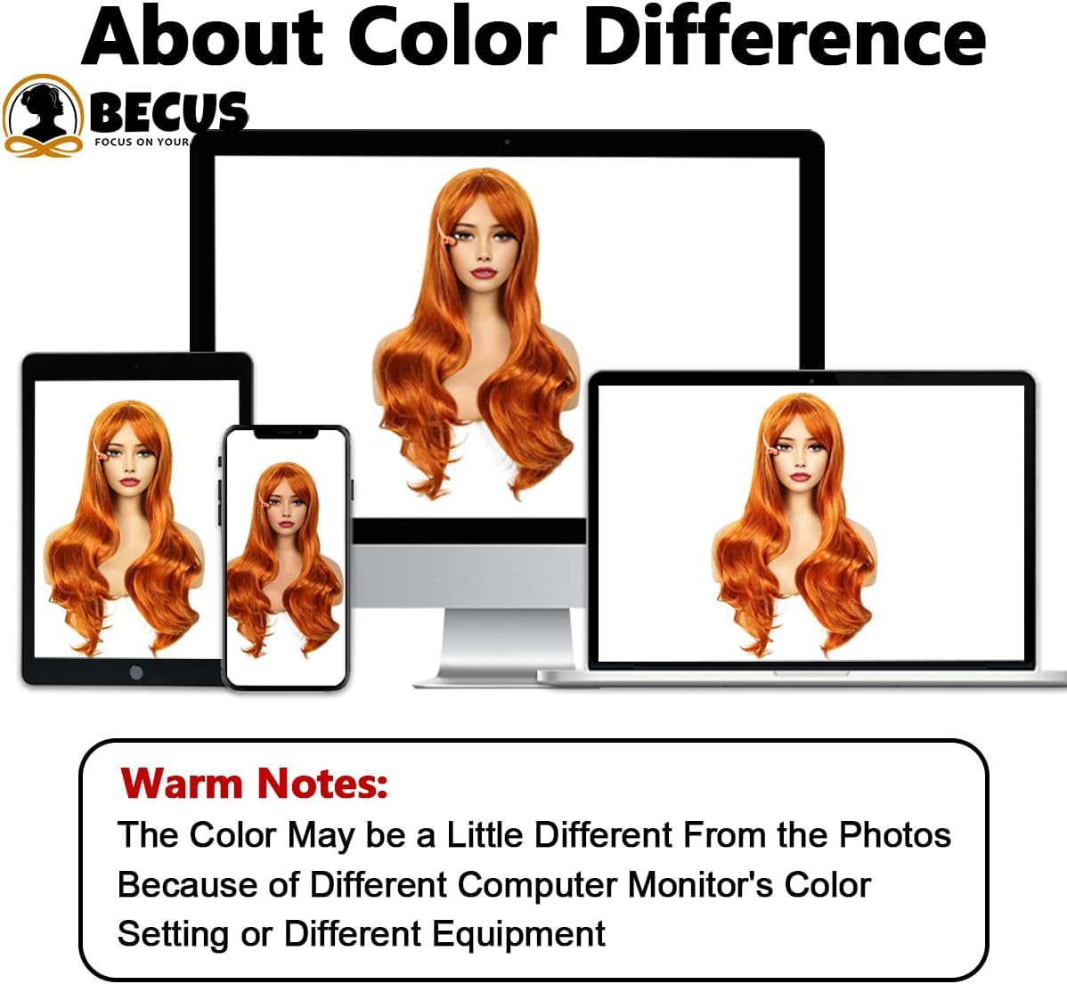 BECUS Long Ginger Wigs for Women Orange Wavy Curly Wig with Bangs Synthetic Hair Wig