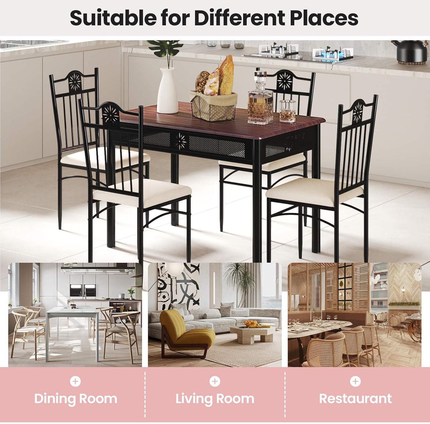 Costway 5 Pieces Dining Table Set, Modern Kitchen Table Set for 4 Person, Rectangular Table W/ 4 Upholstered Chairs, Bistro Table Set for Home, Coffee Shop & Restaurant (Coffee)