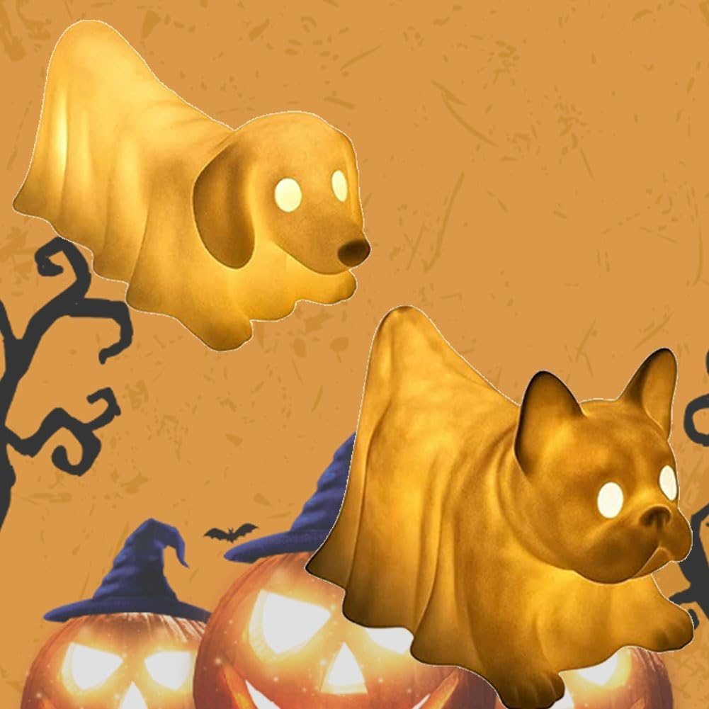 Halloween Dachshund Pumpkin Lamp,Figurines Dachshund Ghost Lamps,Cute Decor Statues Nightlight,Ghost Lamp French Bulldog,Fans of Quirky Decor,The Dark Party Display and Dog Lovers