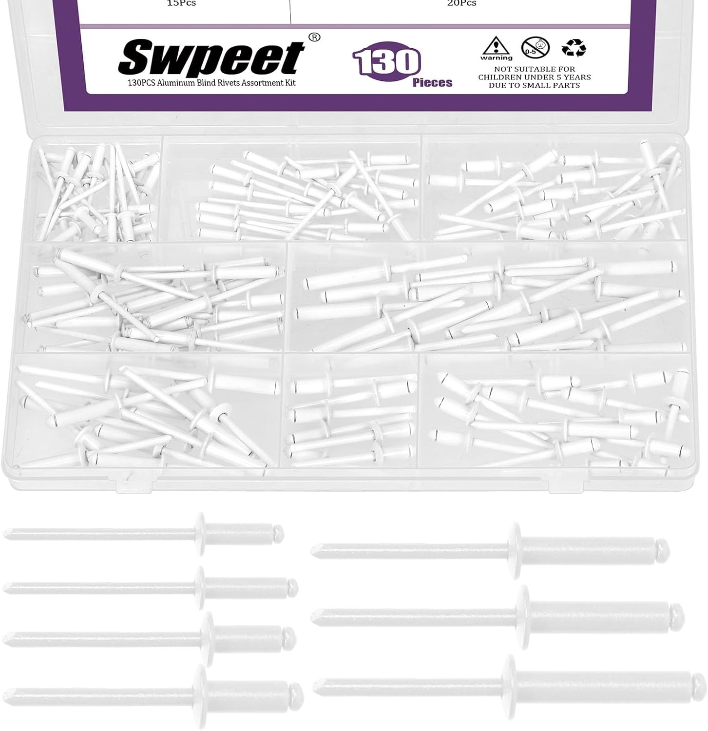 Swpeet 130Pcs 7 Sizes Red Large Flange Aluminum Blind Rivets Assortment Kit, Blind Pop Rivets Aluminum Grip and Steel Mandrel Blind Rivets for Metal, Furniture, Automotive