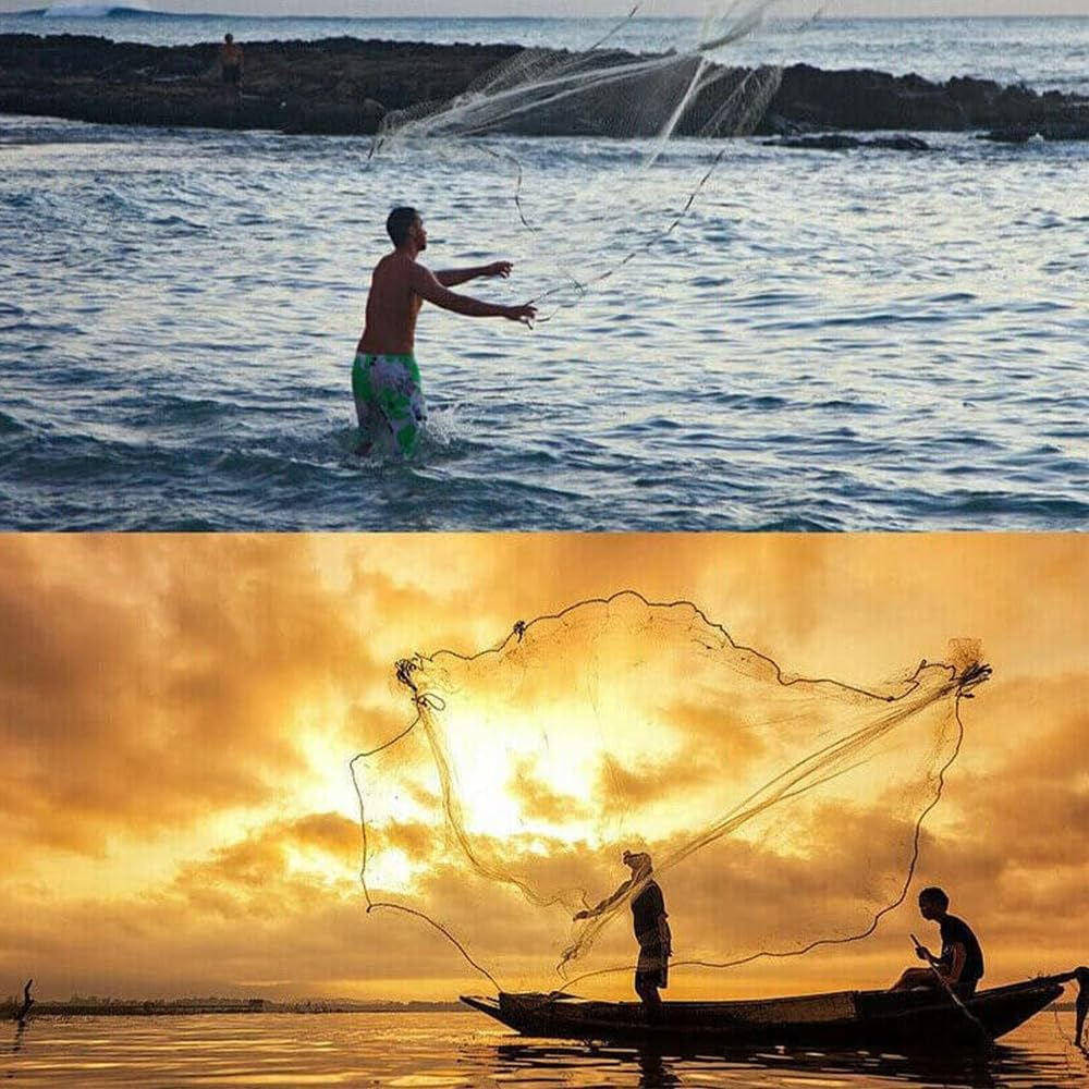 Saltwater Fishing Cast Net, Saltwater Casting Nets, Easy Throw Monofilament Line with Steel Chain Sinker, Fishing Cast Net with Flying Disc, Quick Throw Mesh for Bait Trap Fish image number 3