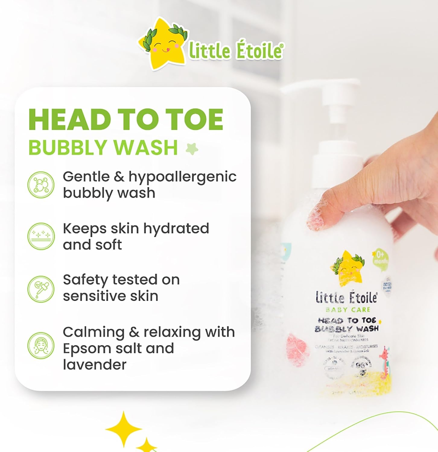 Little &Eacute;toile Head to Toe Bubbly Wash for Delicate Skin (0+ Months)​, Soothes & Nourishes with 6 Coconut-Based Cleansing Ingredients, Enriched with Lavender Extract & Epsom Salt Which Provides a Calming and Relaxing Aroma to Encourage Restfulness, 250Ml image number 2