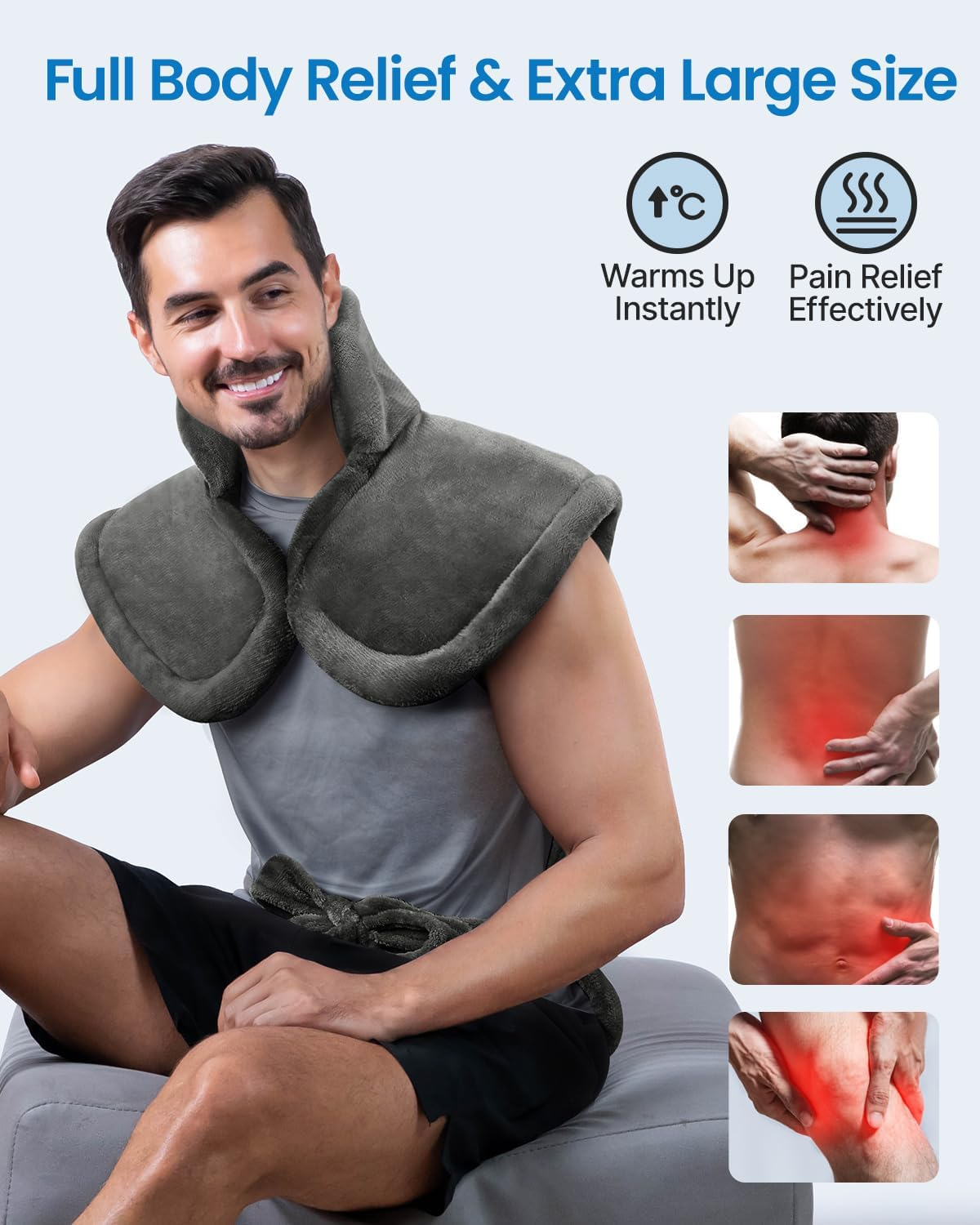 RENPHO Heat Pack, Electric Heating Pad for Back Pain Relief, Birthday Gifts for Women Men Mum Dad, 94X61Cm Large Size Neck and Shoulder Heat Pad, Auto Shut Off, Gray image number 4