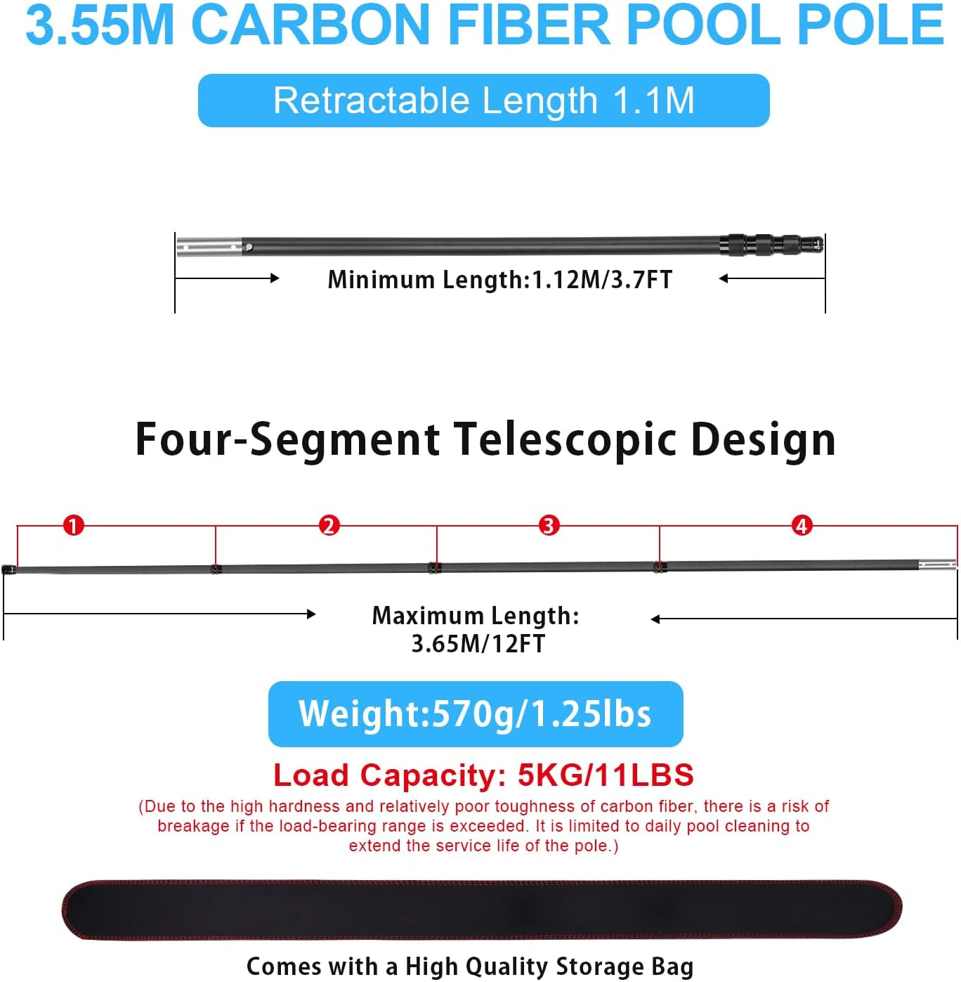 Carbon Fiber Pool Pole, 3.5M Telescoping Swimming Pool Cleaning Pole, Professional Poles for Skimmer Net, Brush, Vacuum Head - Matte image number 3