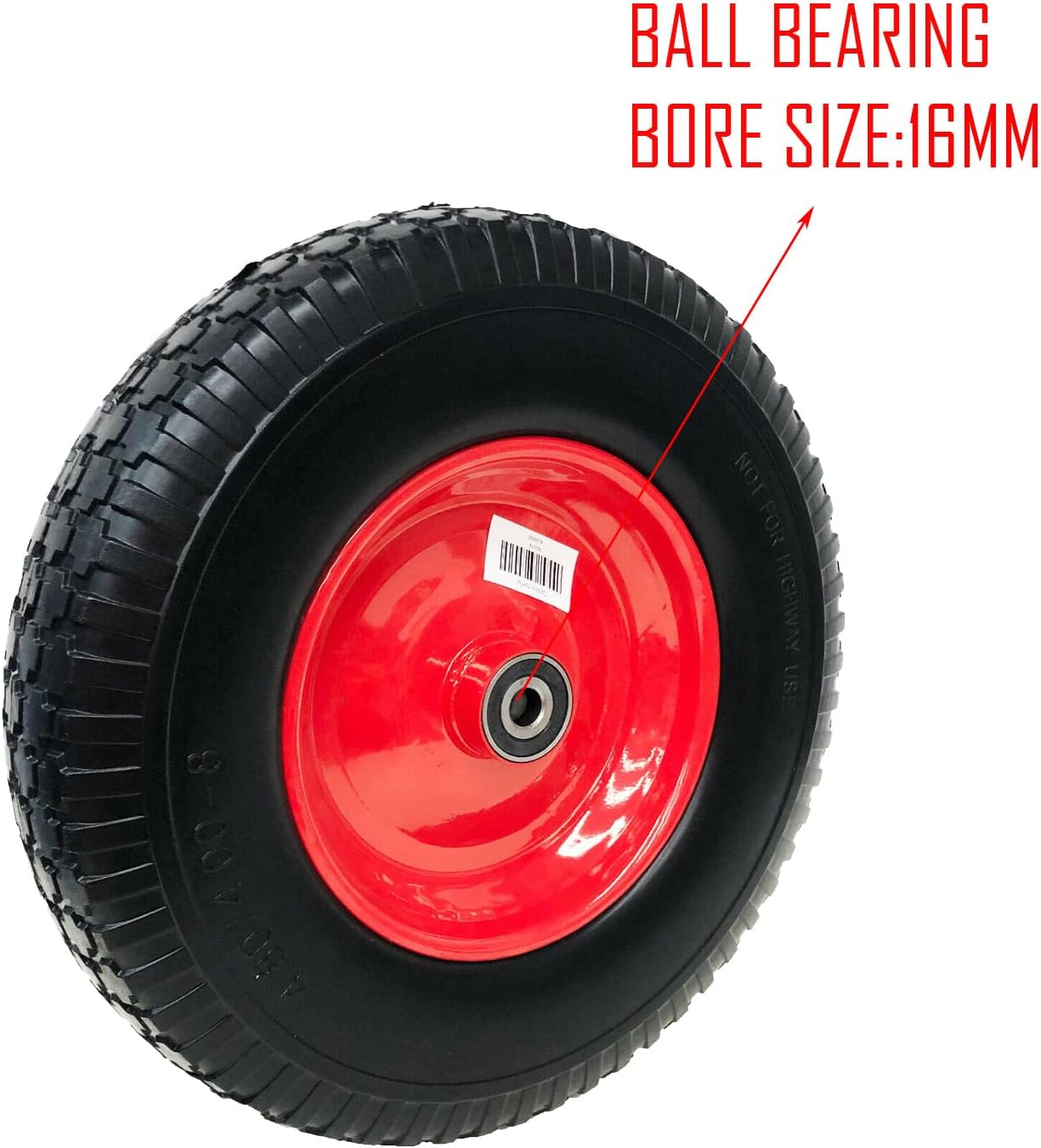 Upgraded 16" Black and Red Flat-Free Wheelbarrow Wheels - Universal Fit 4.80/4.00-8 Tires with 16Mm Bearings, Non-Slip Design for Wheelbarrows/Garden Trailers