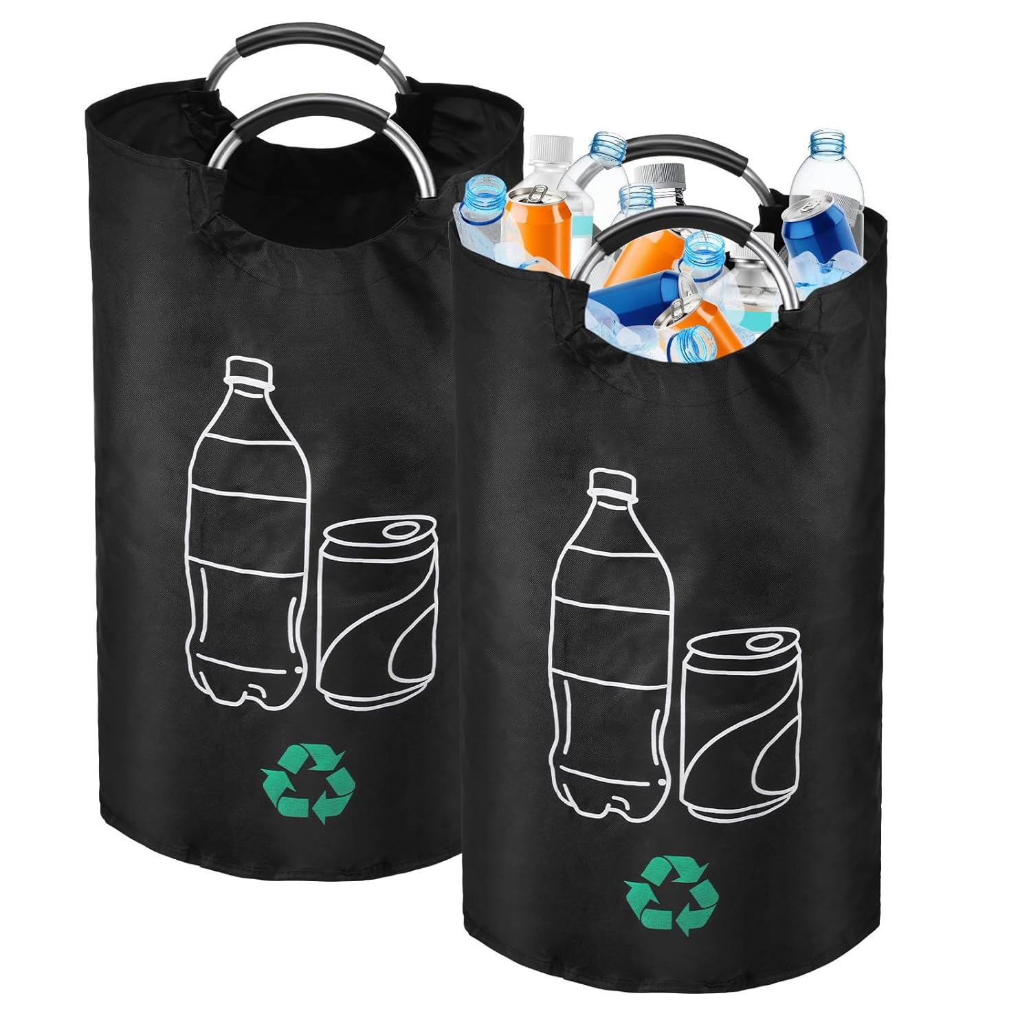 Recycling Waste Bin Reusable Recycle Bin 82L Deposit Bottle Collection Container with Aluminum Handles Waterproof Foldable Deposit Bottle Storage for Kitchen Home Office Outdoor Use(Black-1-82L)