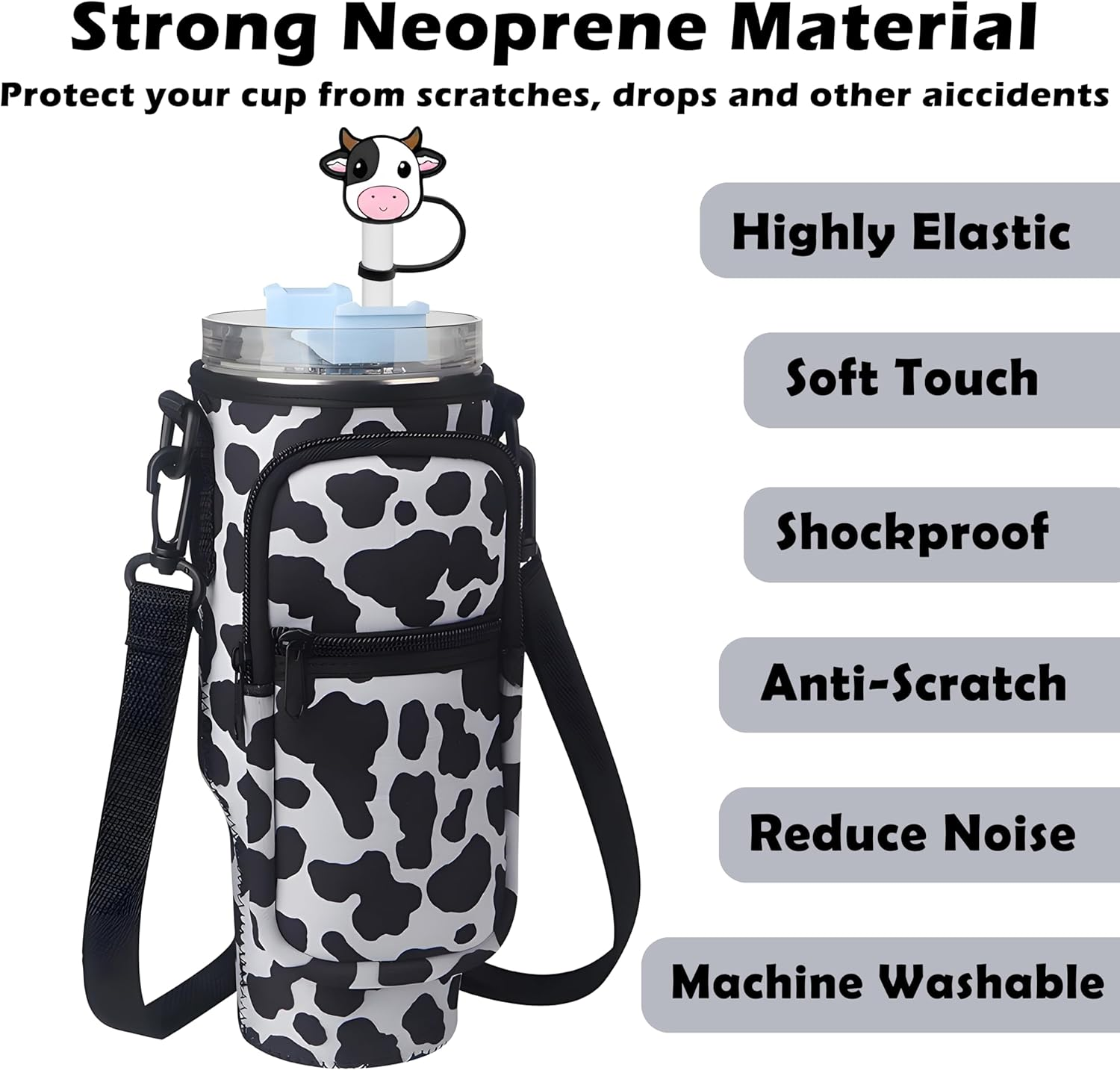 Cute Water Bottle Holder Bag Stanley Cup Bag, Cow Print Water Bottle Pouch with Adjustable Shoulder Strap, Stanley Cup Holder with 2Pcs Cow Straw Covers for Hiking, Camping, Fishing image number 5